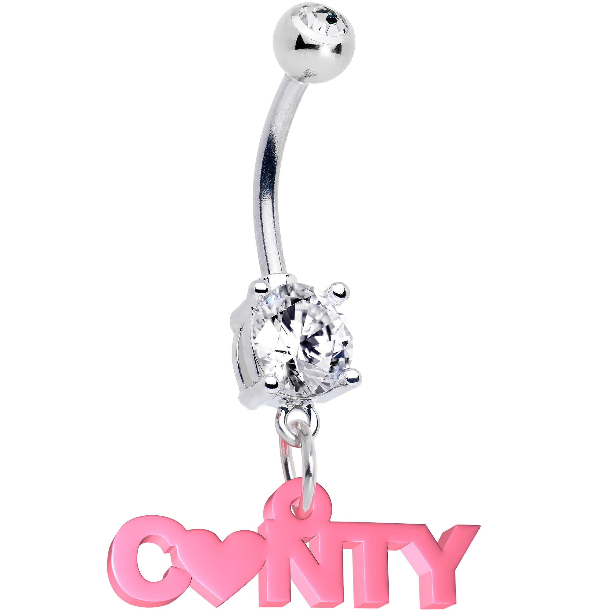 Double Gem Pink Cunty Heart Dangle Hypoallergenic Stainless Steel Belly Ring
