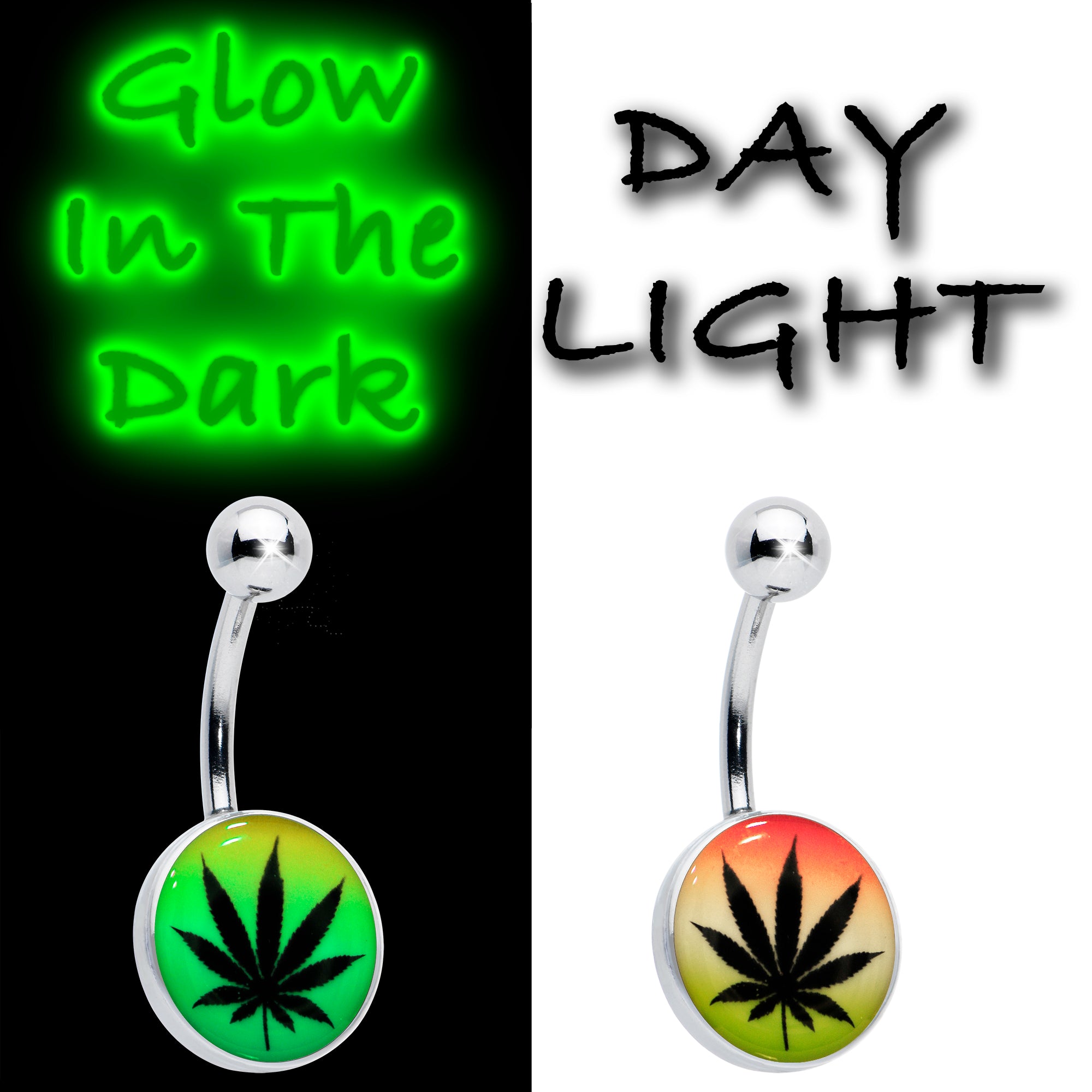 Steel Glow in the Dark Rainbow Ganja Leaf Stainless Steel Belly Ring custom design option