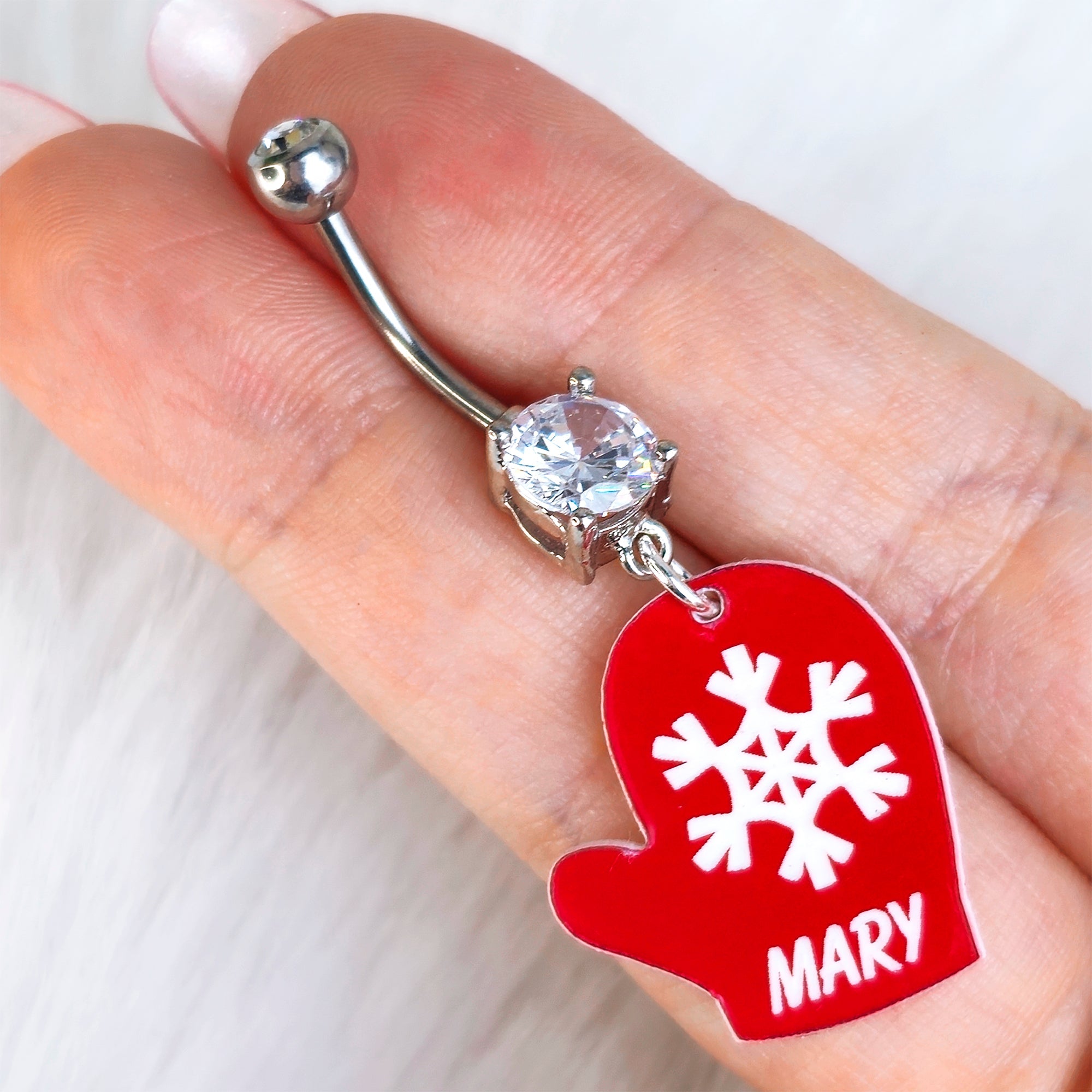 Custom Holiday Mitten Personalized Dangle Stainless Steel Belly Ring (More Colors) lightweight body jewelry