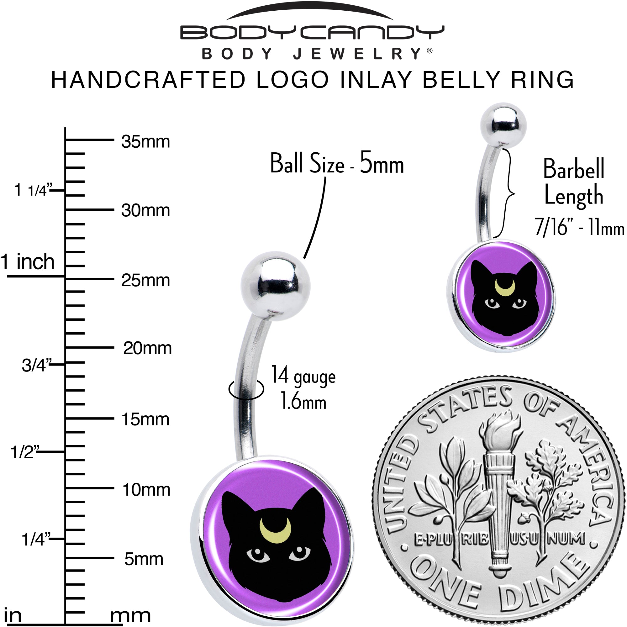 Black Mystic Kitty Cat Stainless Steel Belly Ring perfect for sensitive skin