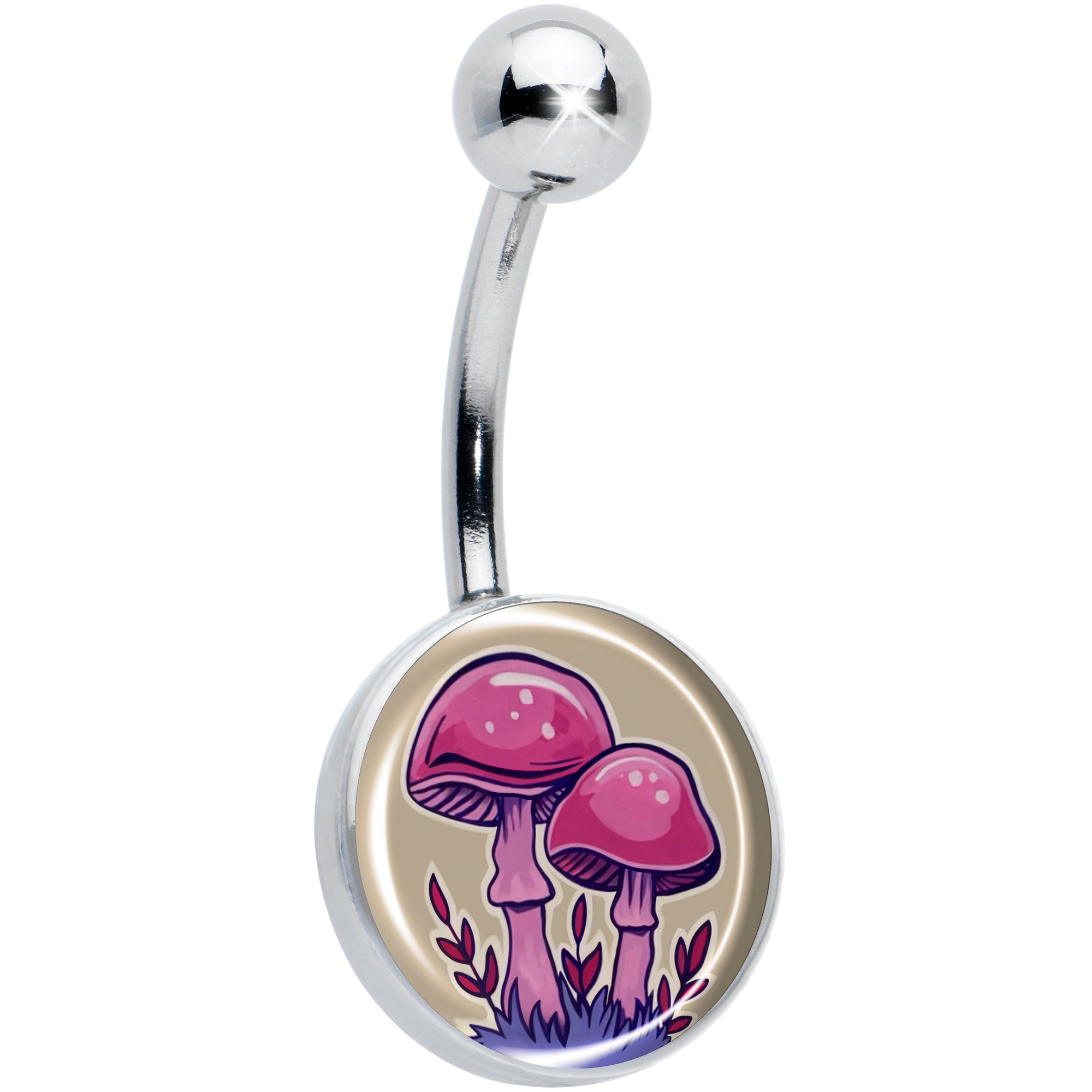Artist Drawn Pink Mushrooms Hypoallergenic Stainless Steel Belly Ring