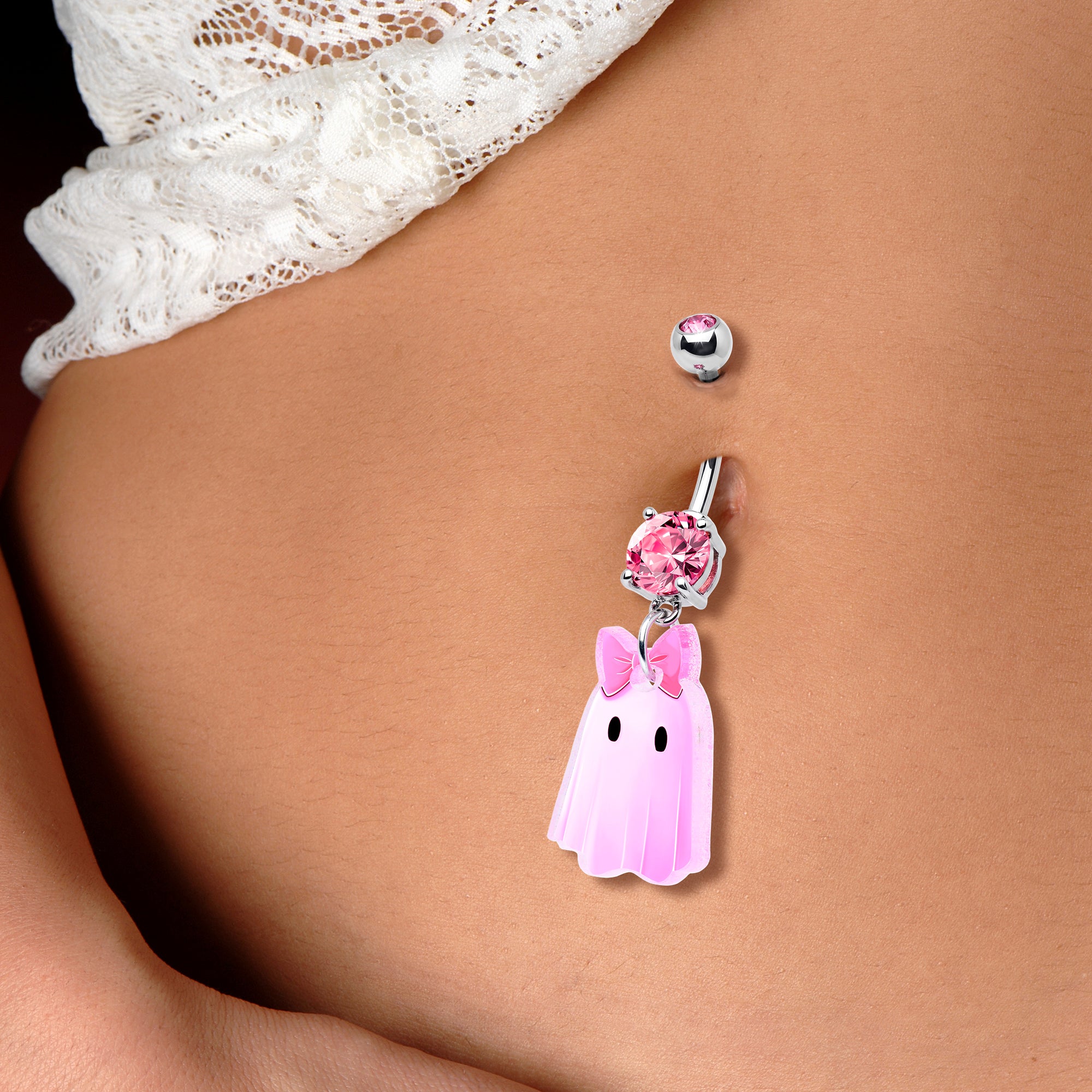 Pink Gem Pretty Pink Ghost Acrylic Dangle Belly Ring by Onyx O