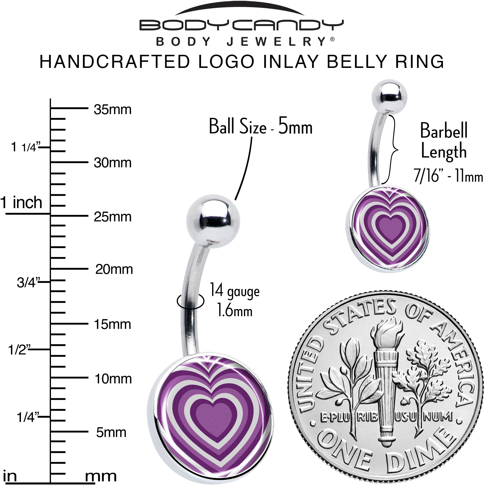 Purple Retro Heart Stainless Steel Belly Ring perfect for sensitive skin