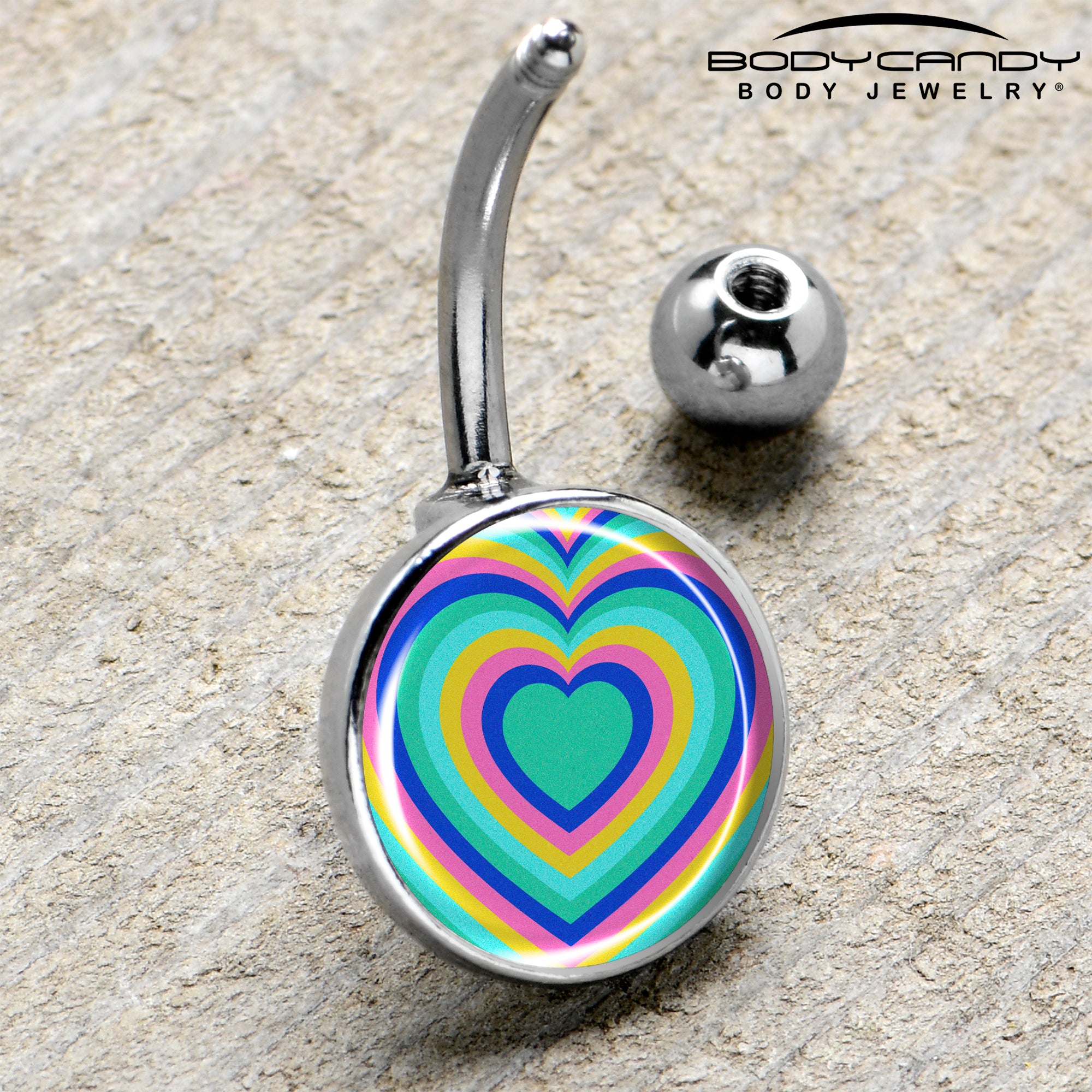 Rainbow Retro Heart Stainless Steel Belly Ring handmade design