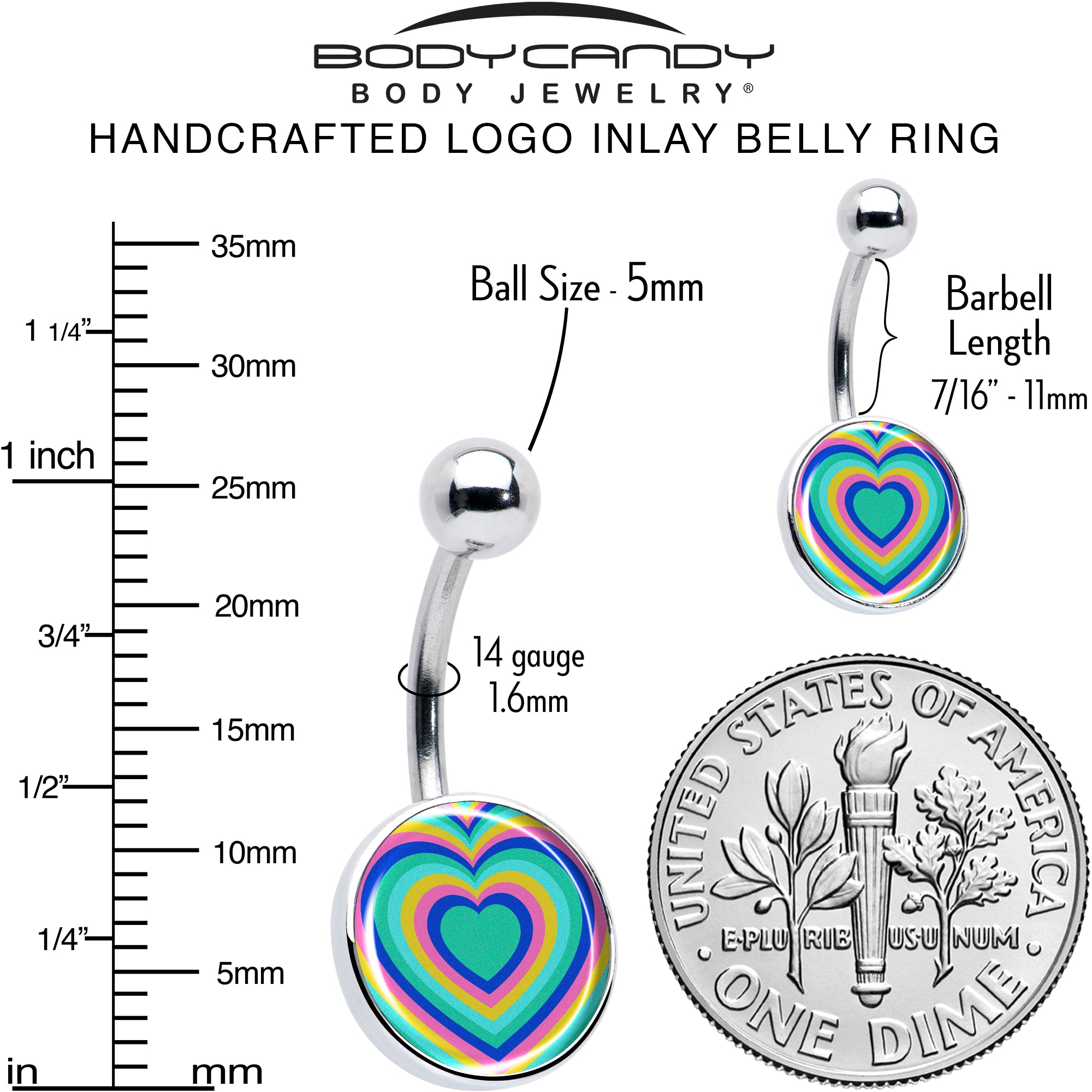 Rainbow Retro Heart Stainless Steel Belly Ring perfect for sensitive skin