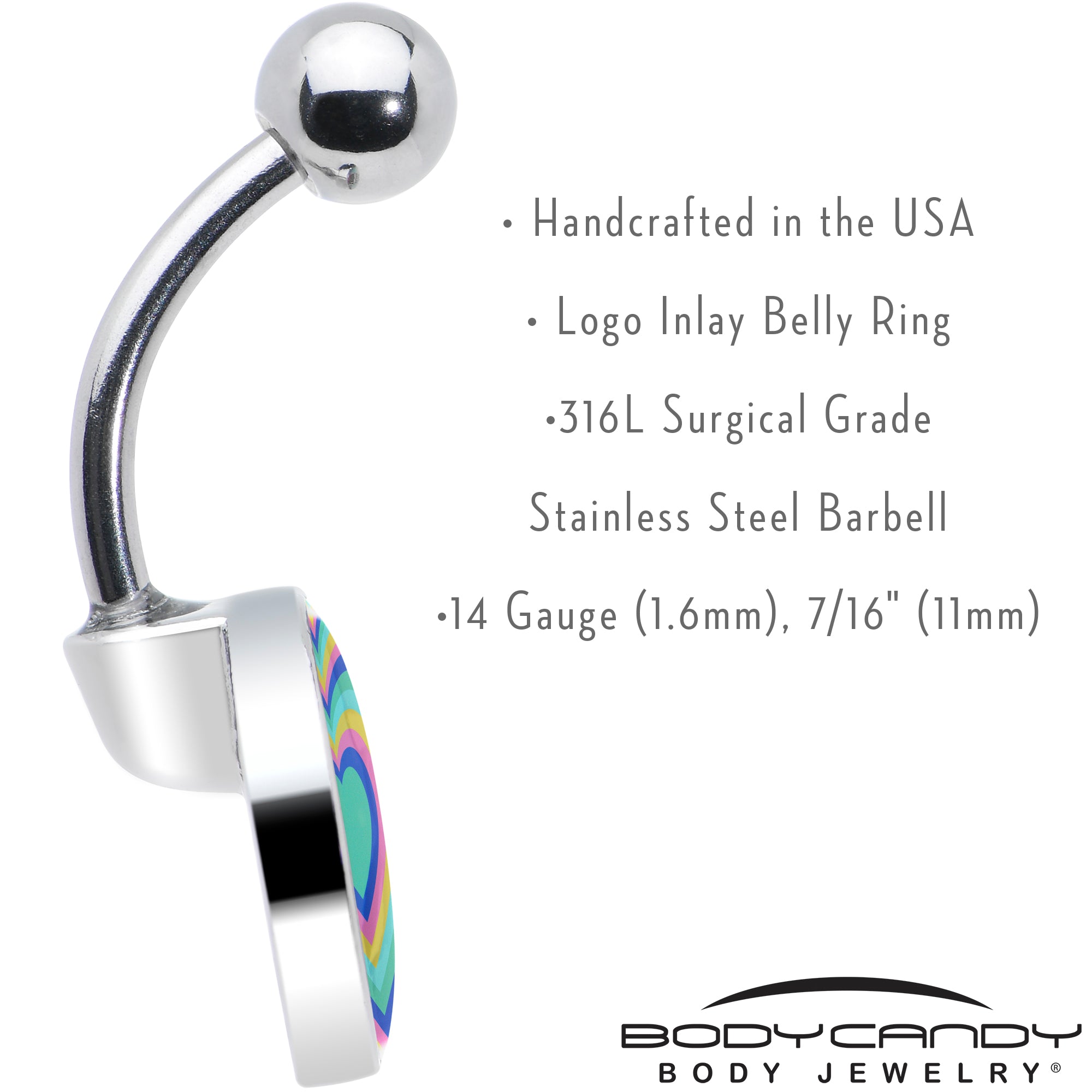 Rainbow Retro Heart Stainless Steel Belly Ring custom design option