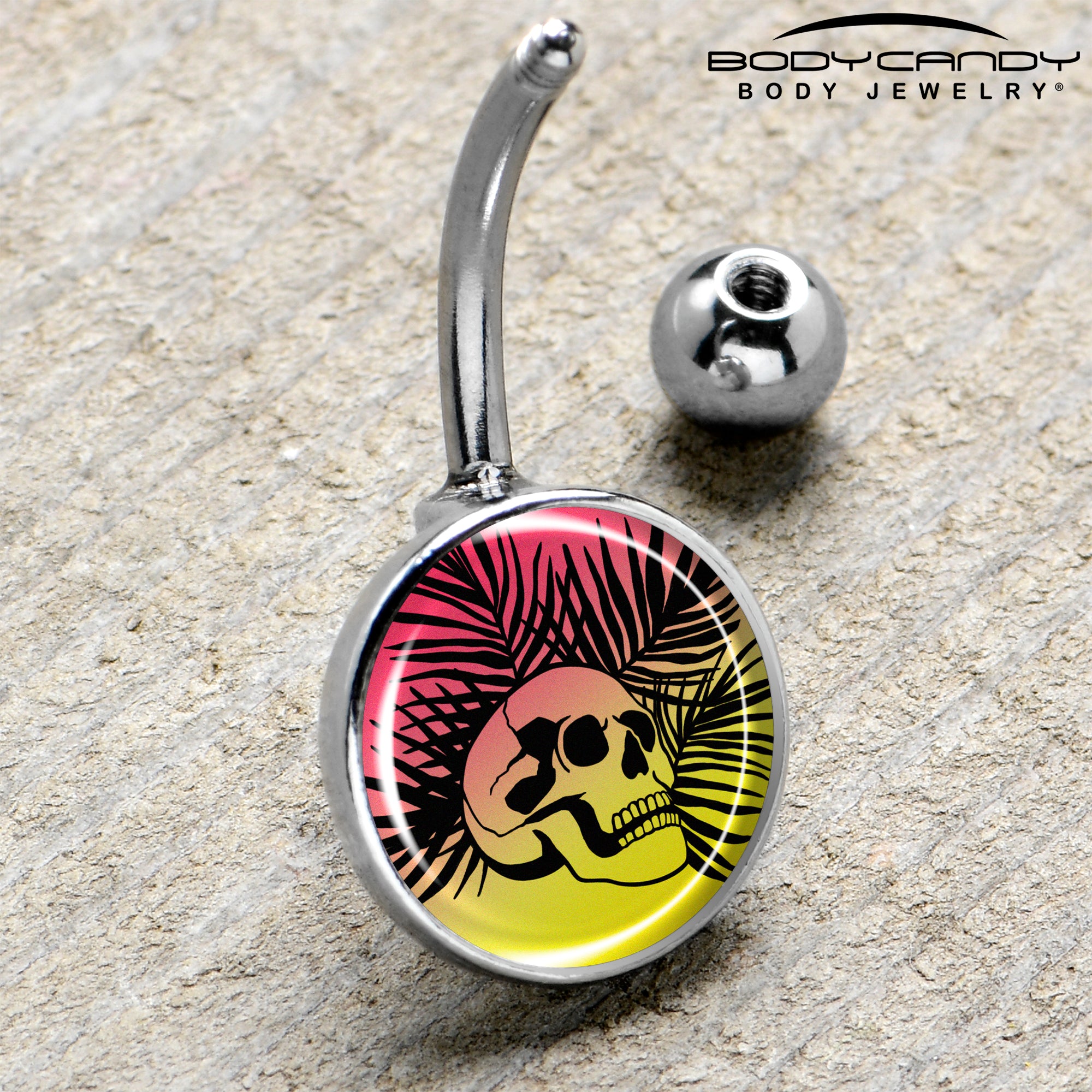 Red Haze Sunset Skull and Palms Stainless Steel Belly Ring handmade design