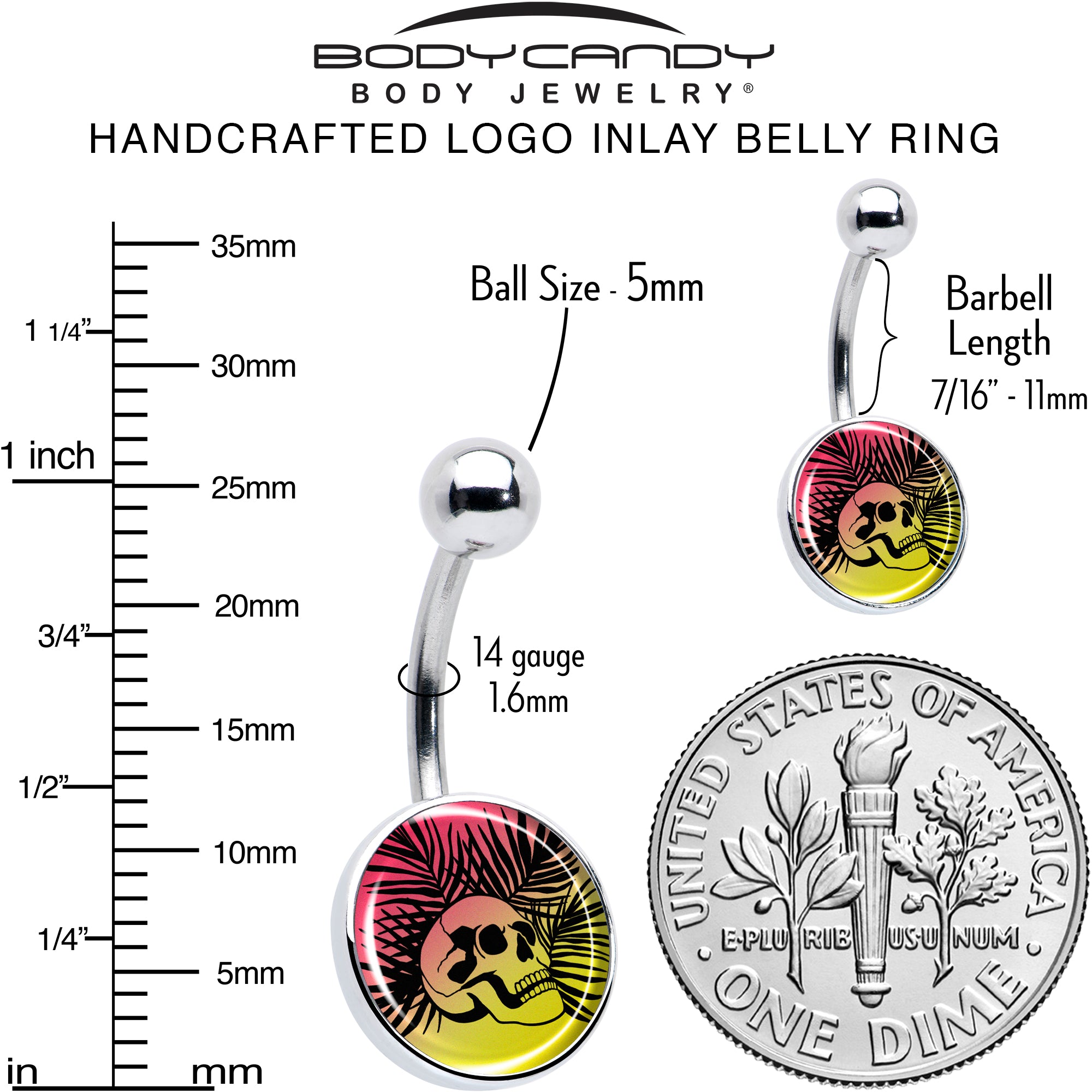 Red Haze Sunset Skull and Palms Stainless Steel Belly Ring perfect for sensitive skin