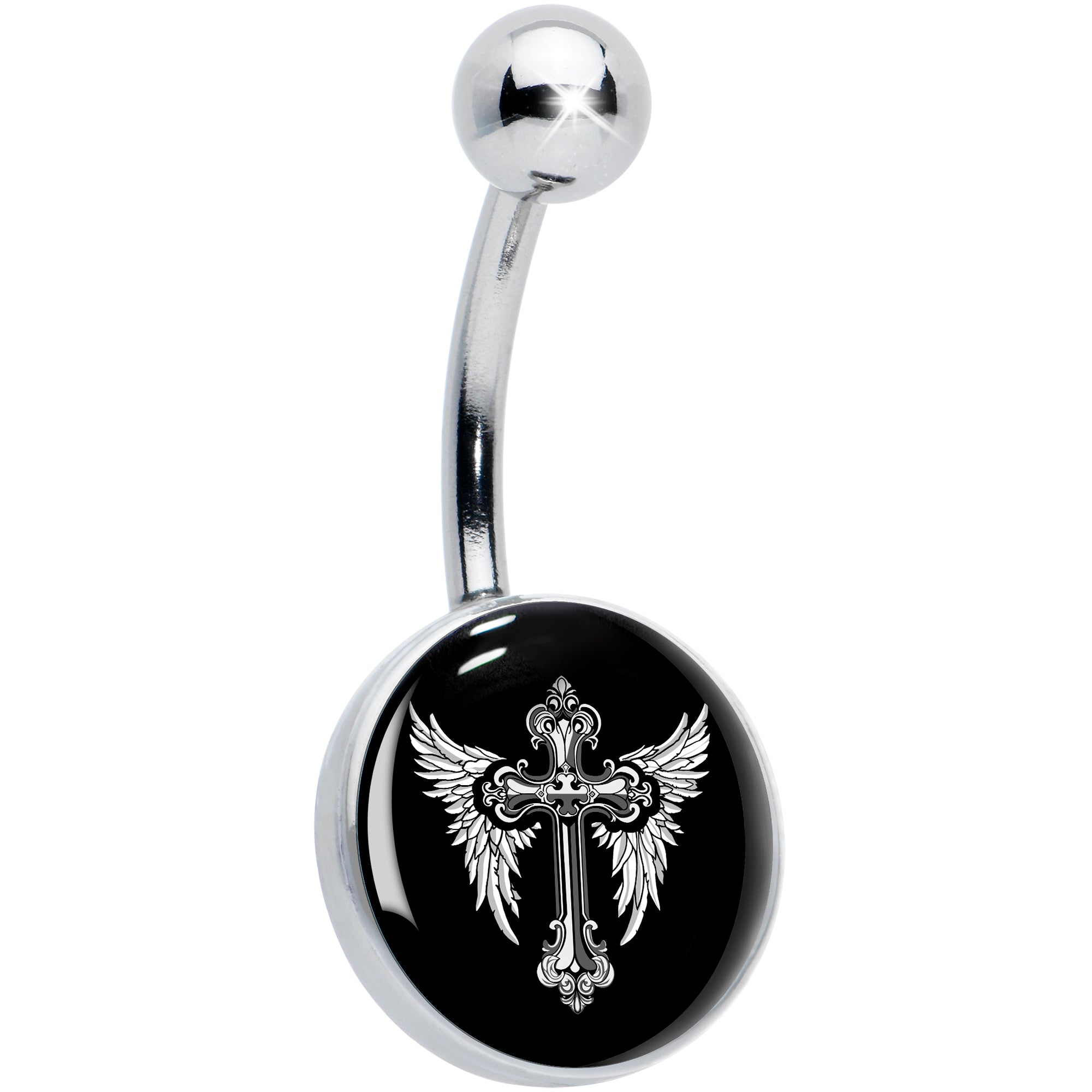 Black White Winged Cross Hypoallergenic Stainless Steel Belly Ring