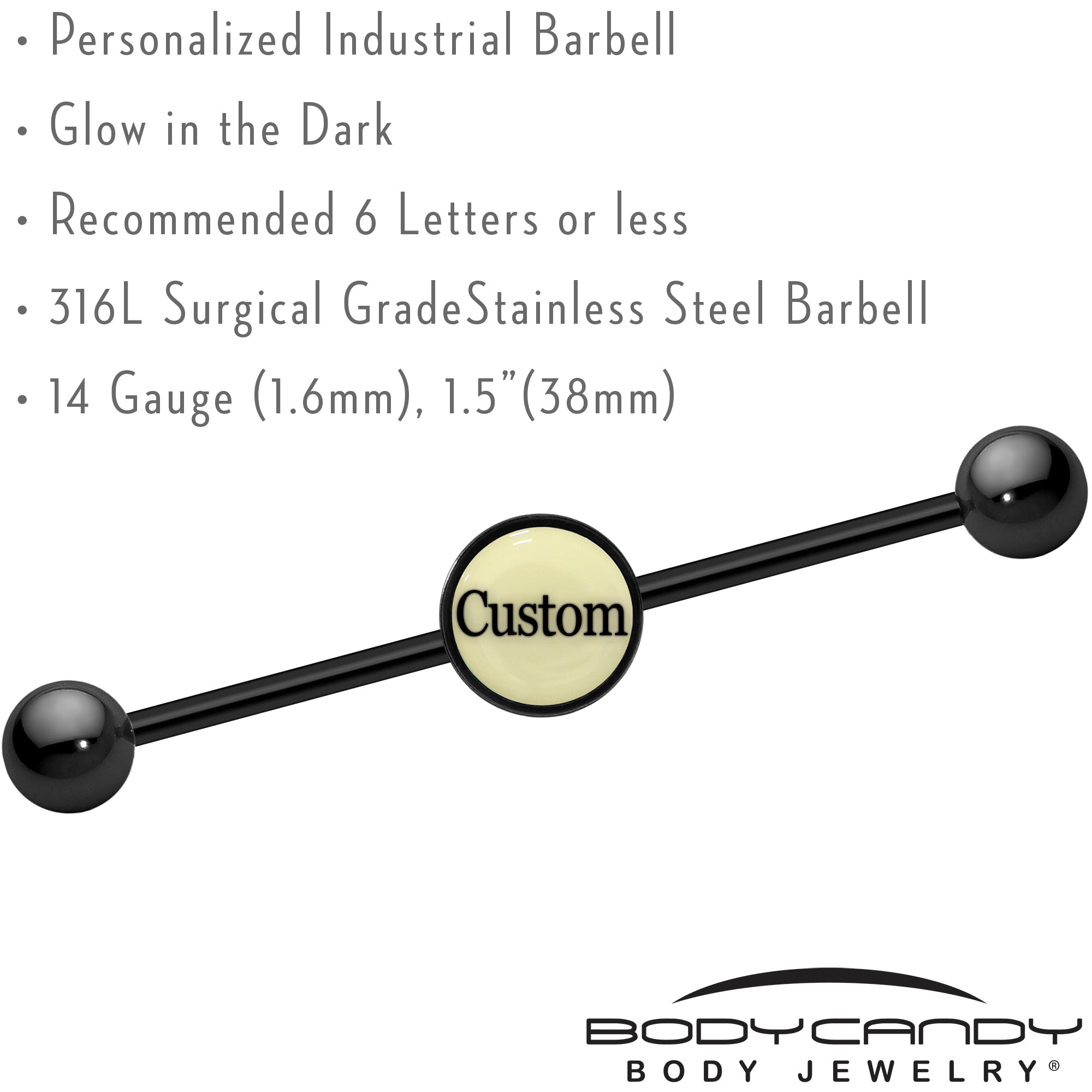 Custom Glow in the Dark Personalized Industrial Barbell in Black Titanium