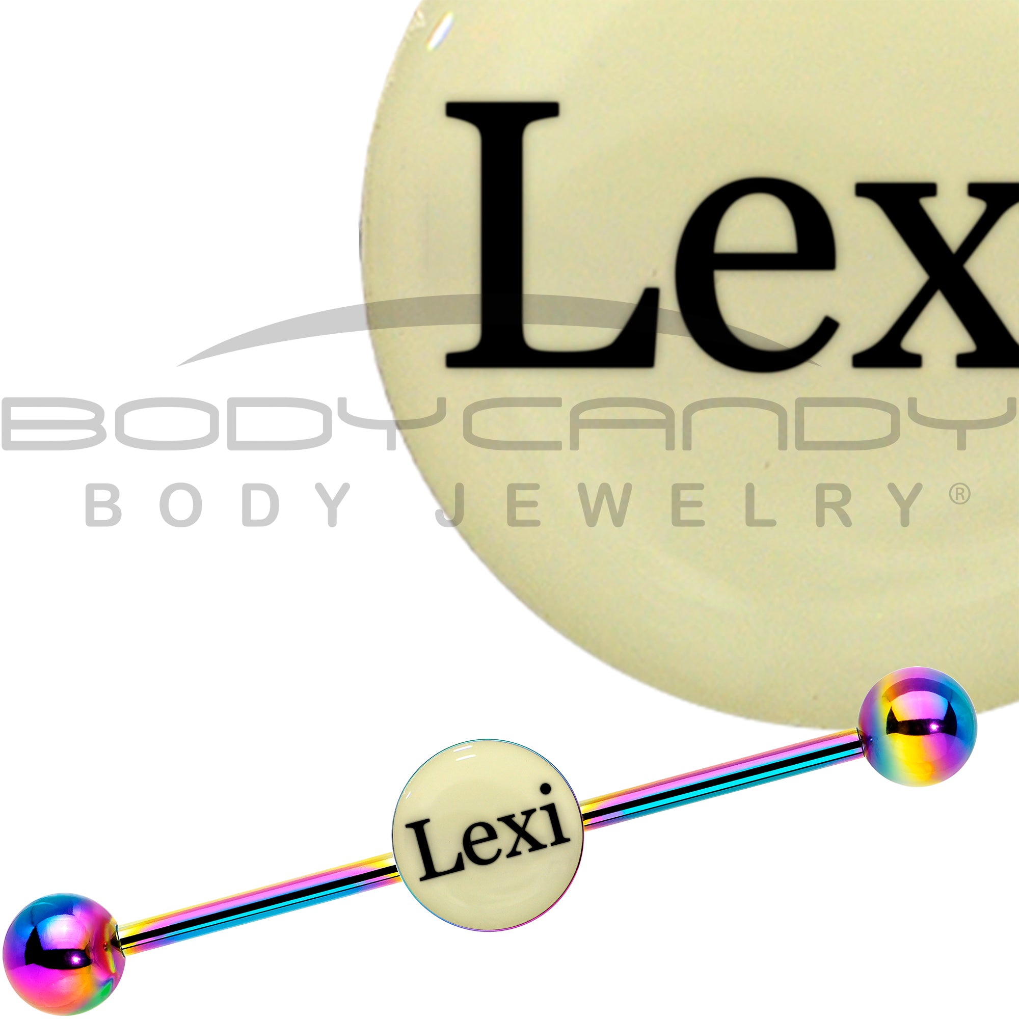 Custom Glow in the Dark Personalized Industrial Barbell in Rainbow Titanium