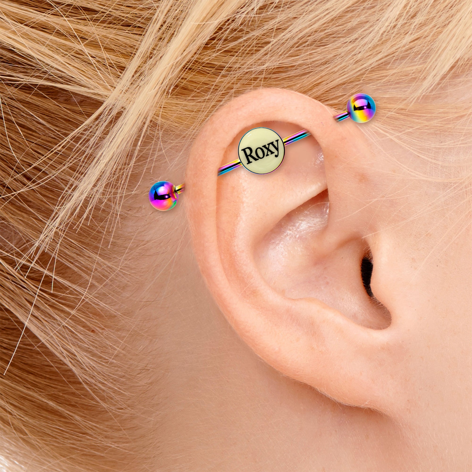 Custom Glow in the Dark Personalized Industrial Barbell in Rainbow Titanium