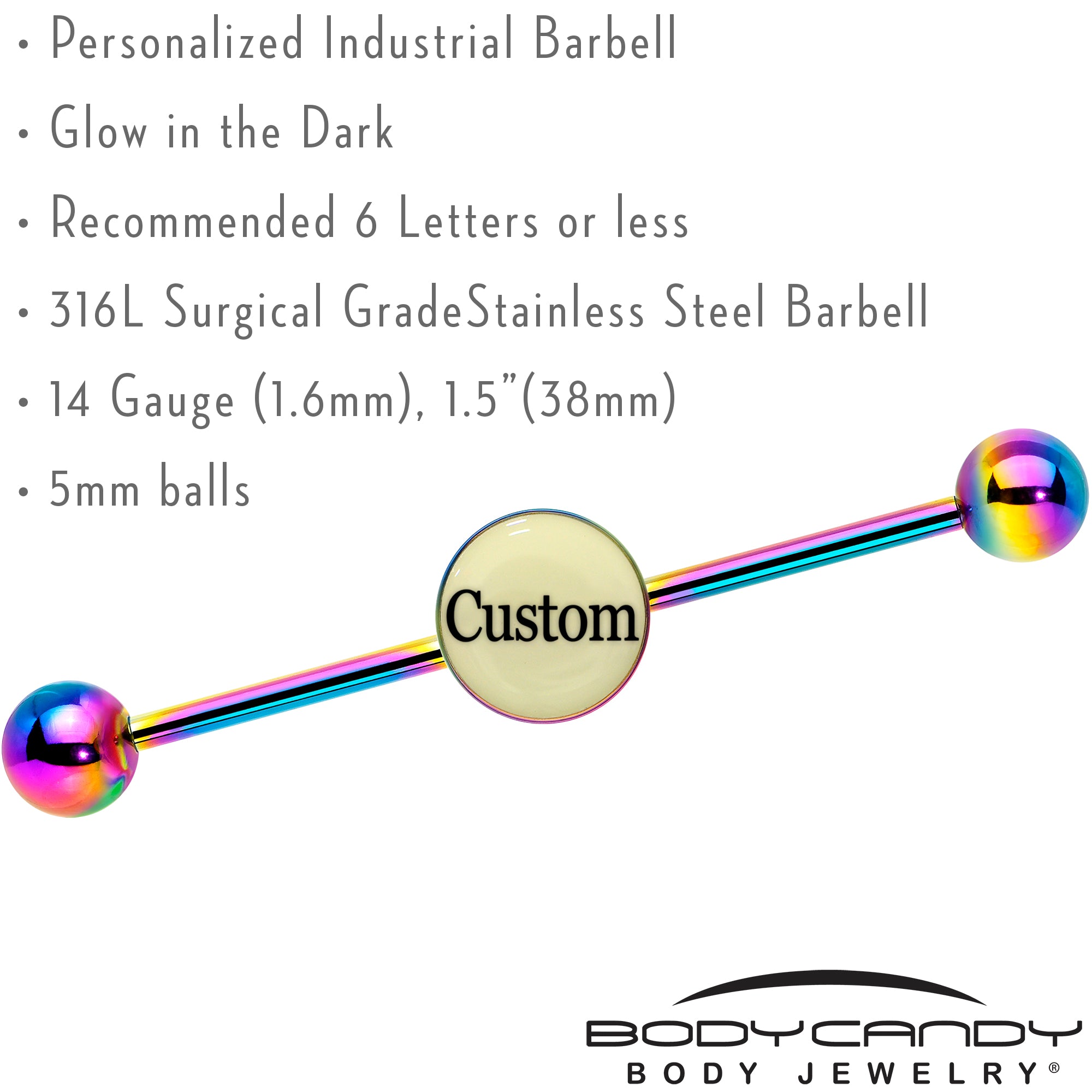 Custom Glow in the Dark Personalized Industrial Barbell in Rainbow Titanium