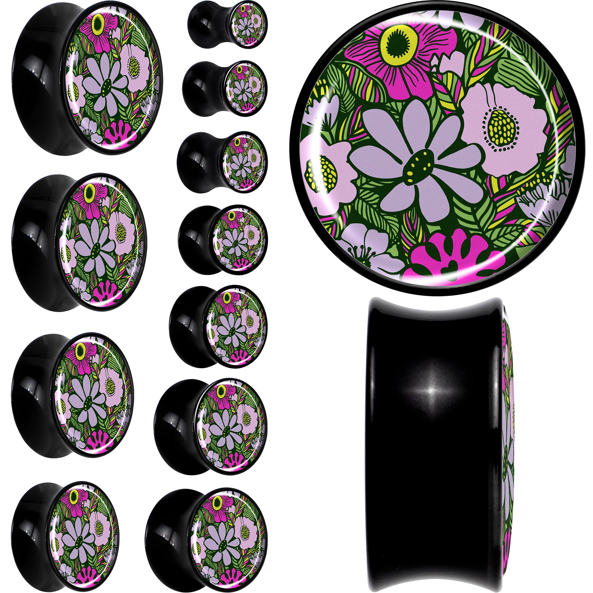 Blossom Creation Paradise of Pink Flowers Black Acrylic Saddle Plug Set by Onyx O