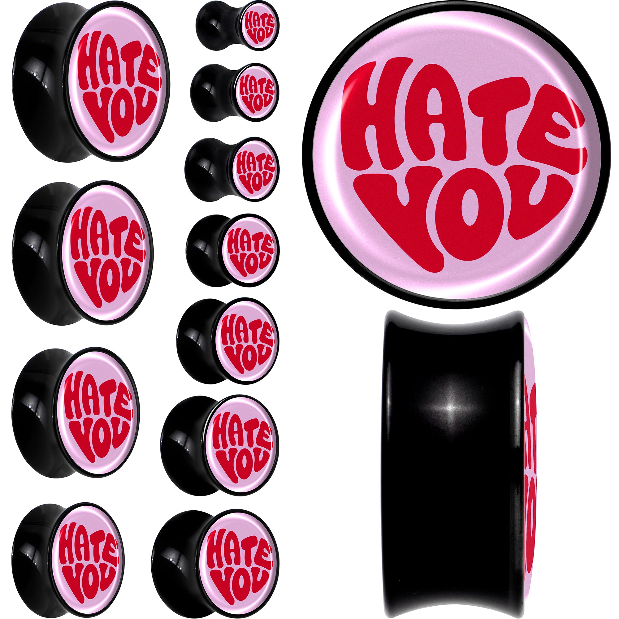 Retro Text Hate You Black Acrylic Saddle Plug Set by Onyx O