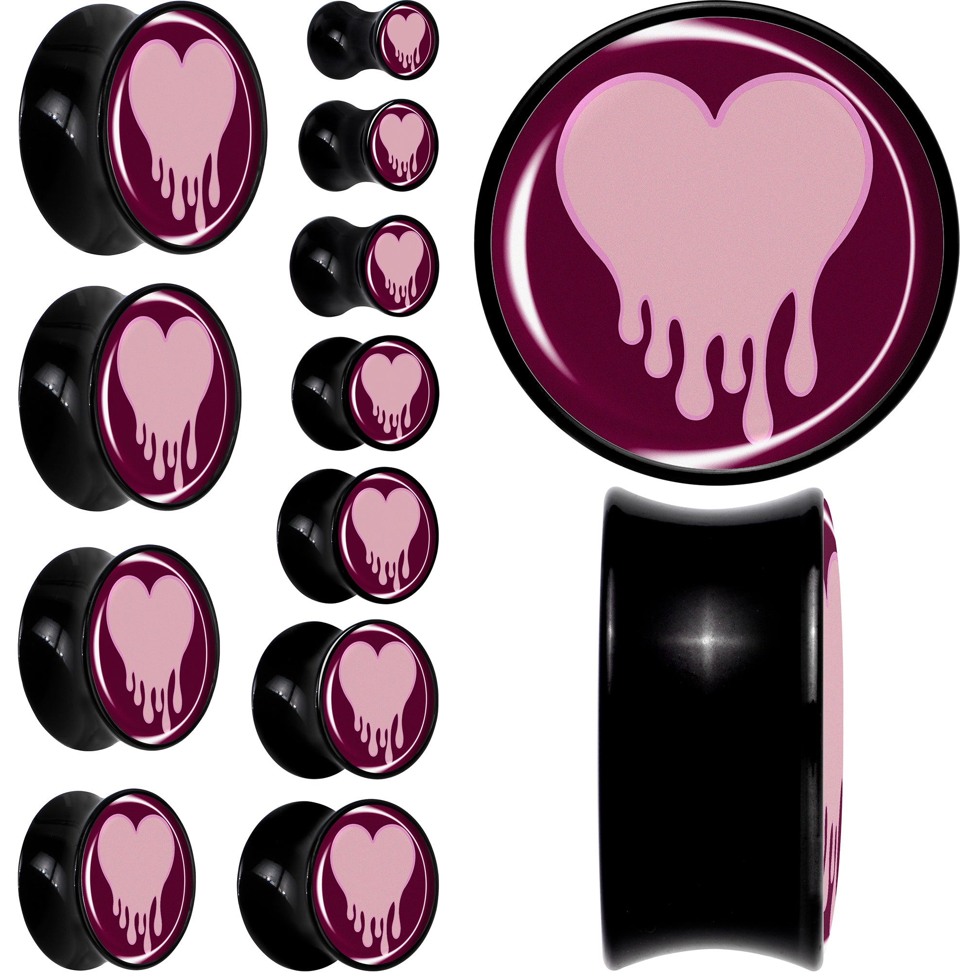 Pinkish Melting Heart Black Acrylic Saddle Plug Set by Onyx O
