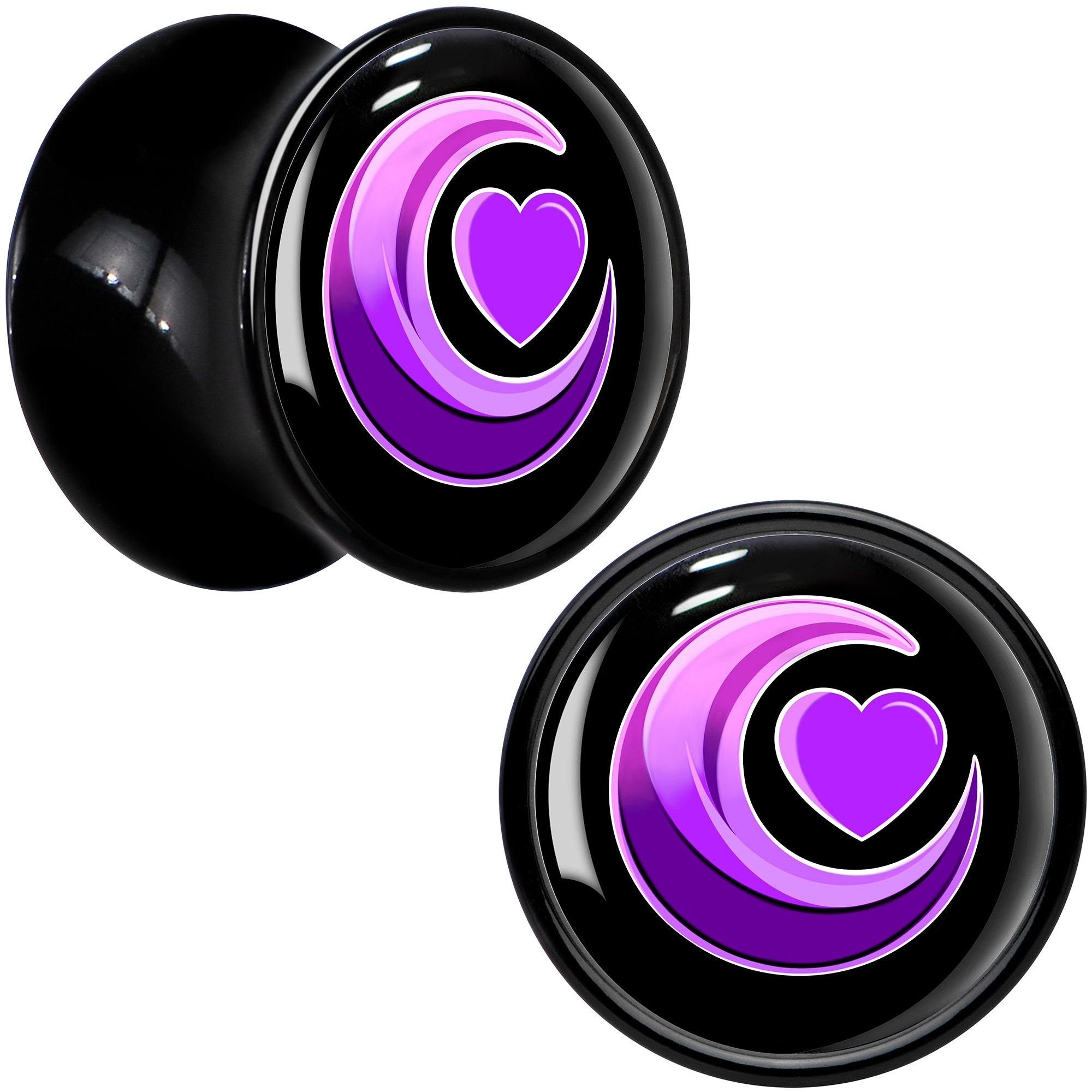 0G Crescent Moon Heart Black Acrylic Saddle Plug Set by Onyx O