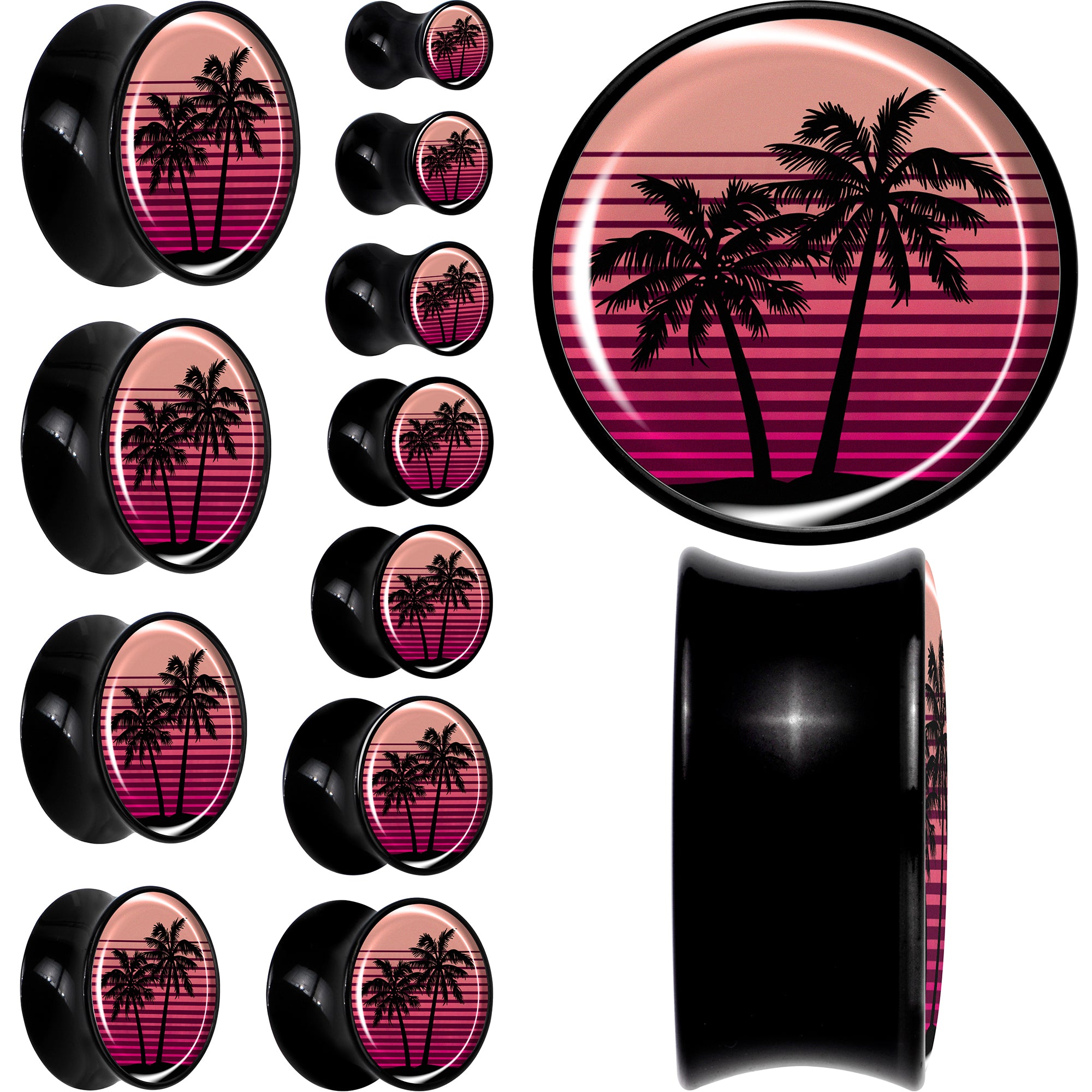 Palm Tree Retro Sunset Black Acrylic Saddle Plug Set by Onyx O