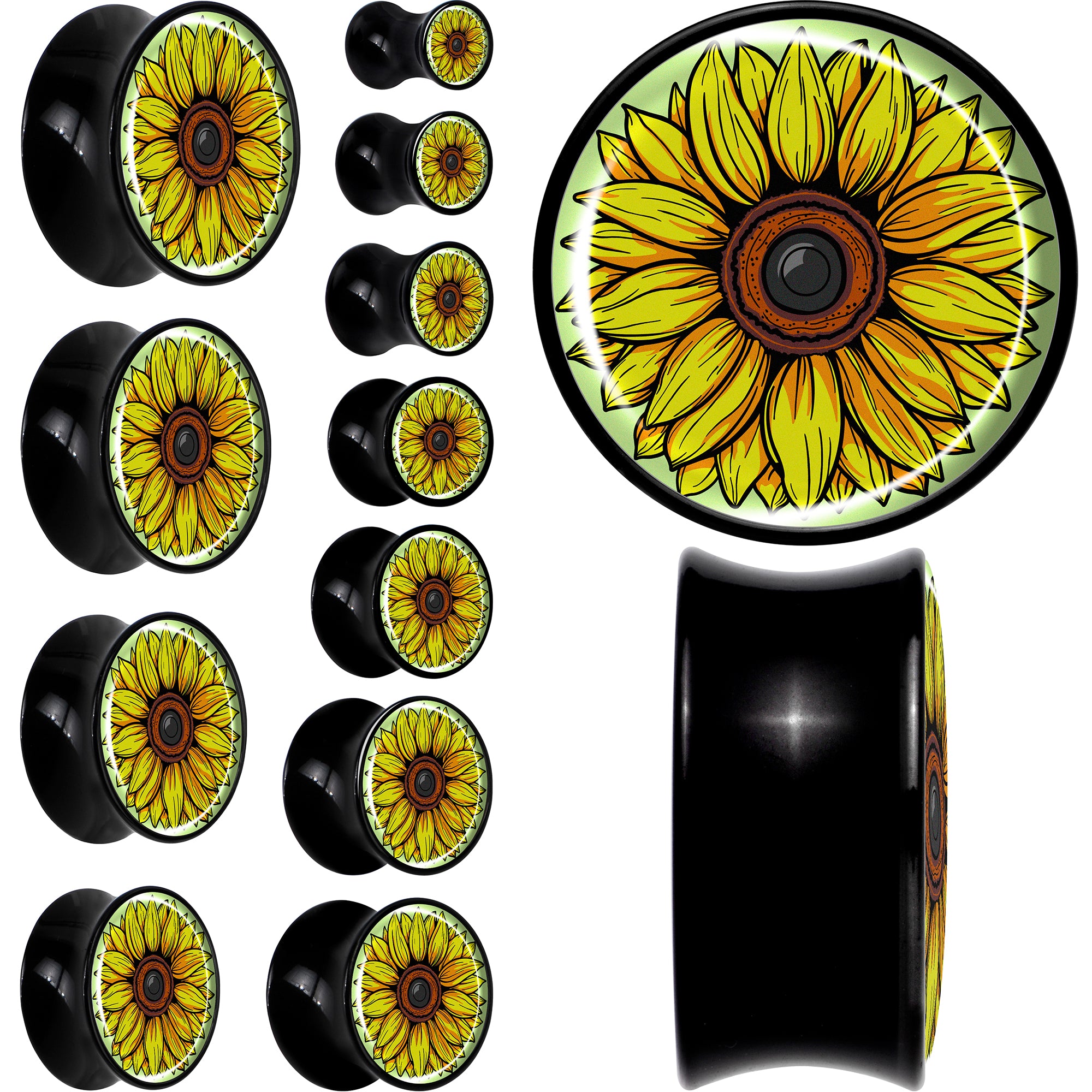 Blossom Creation Yellow Sunflower Black Acrylic Saddle Plug Set by Onyx O