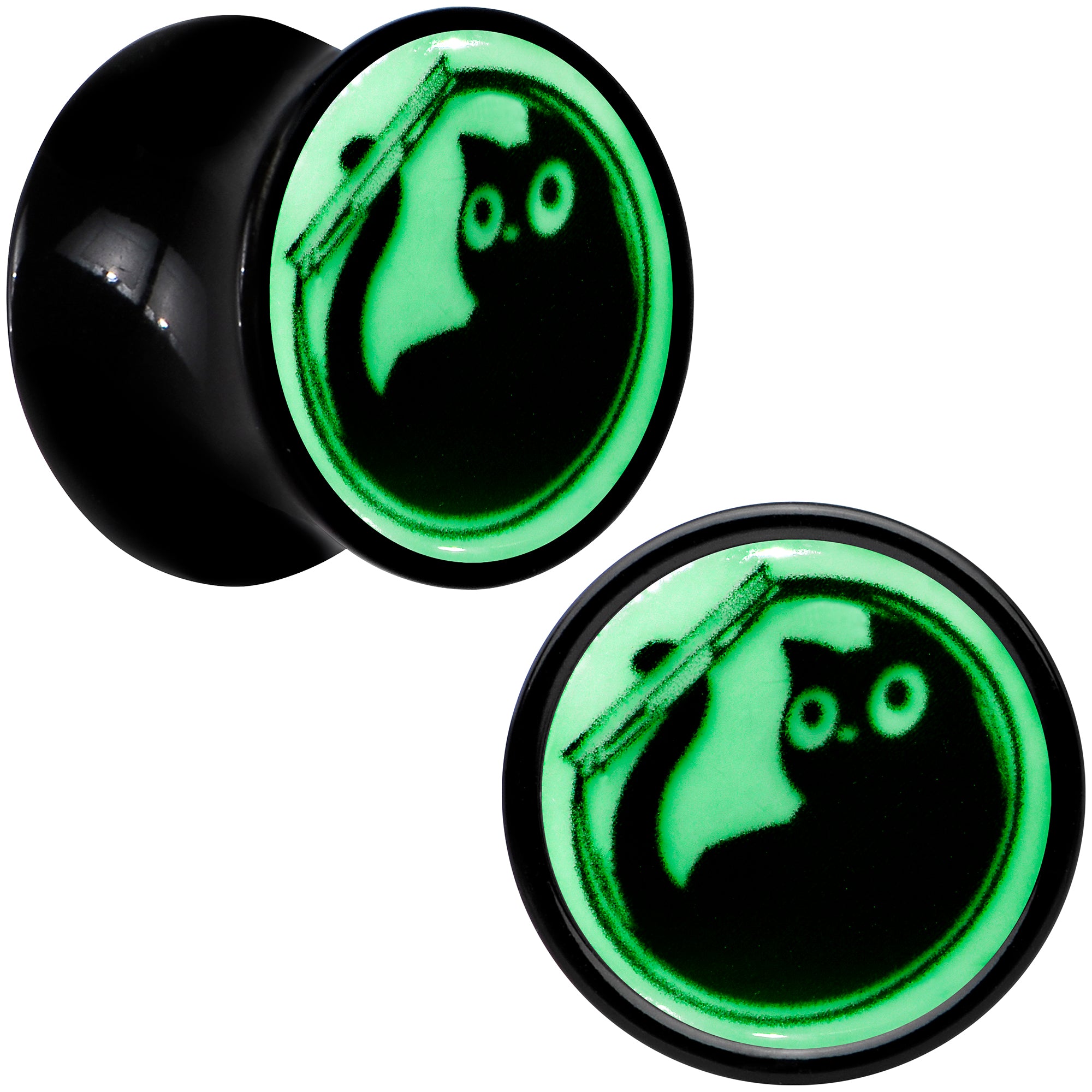 0G Glow in the Dark Fishbowl Kitty Cat Black Acrylic Saddle Plug Set by Onyx O