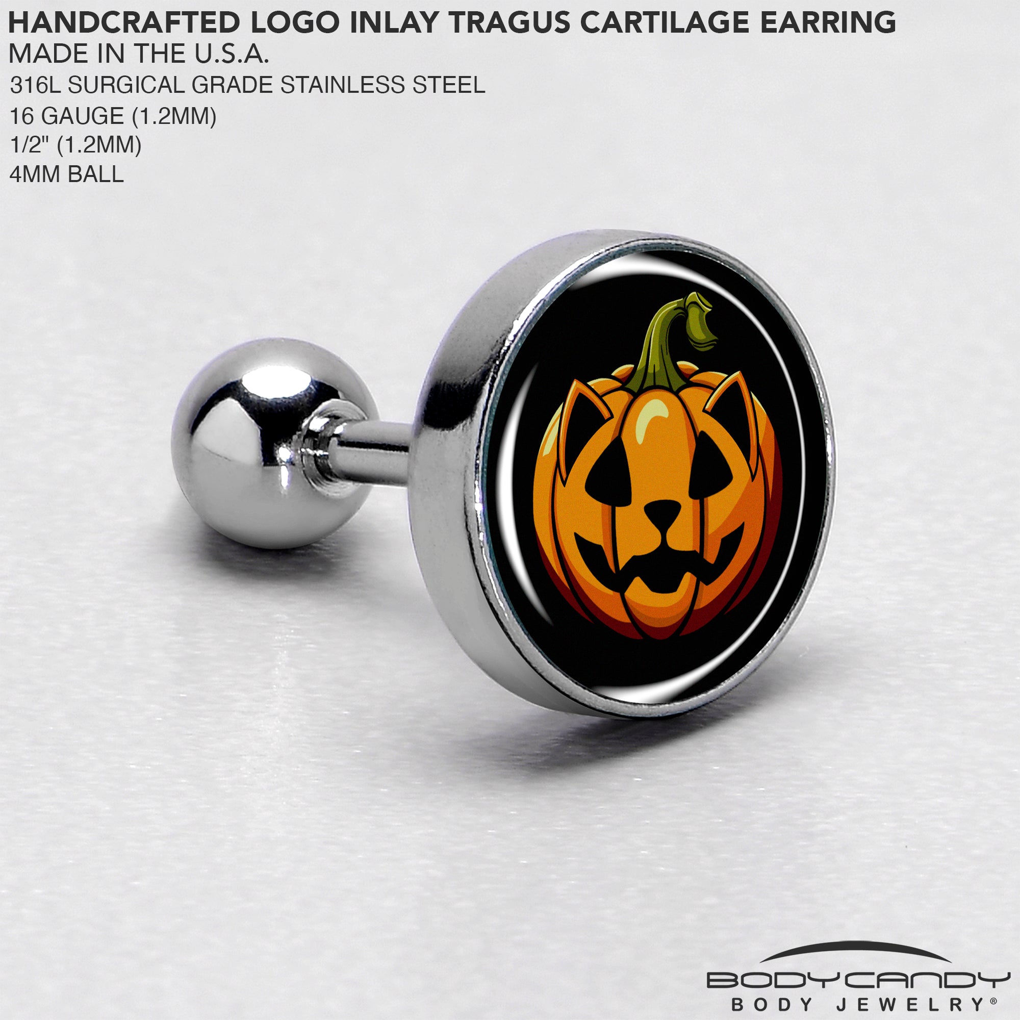 16G 1/4 Pumpkin Cat Jack-O-Lantern Tragus Cartilage Earring by Onyx O