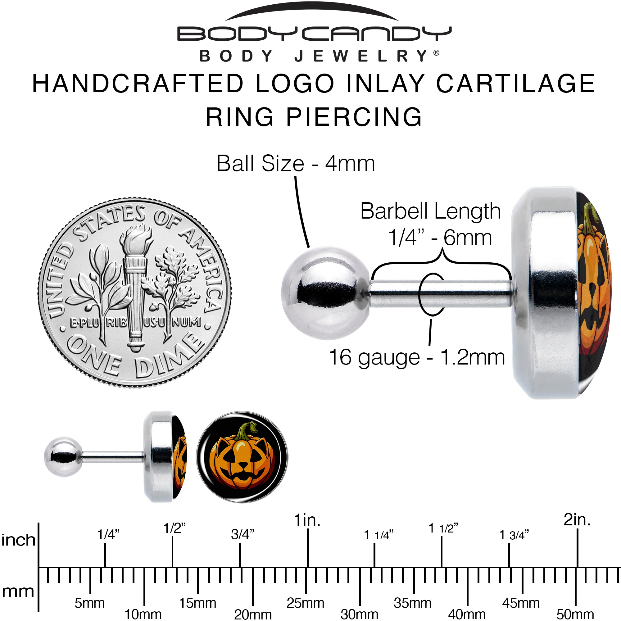 16G 1/4 Pumpkin Cat Jack-O-Lantern Tragus Cartilage Earring by Onyx O