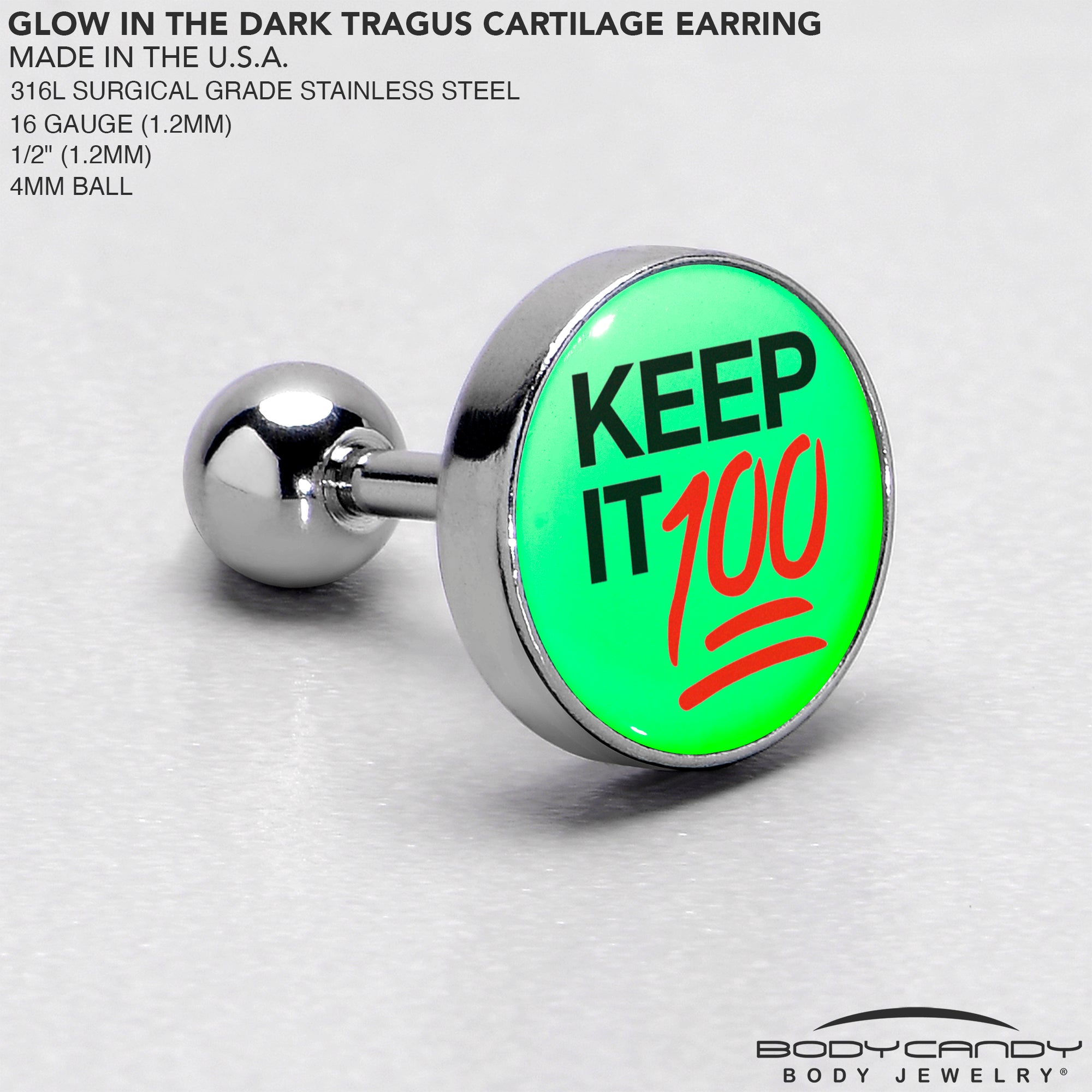 16G 1/4 Glow in the Dark Keep it 100 Tragus Cartilage Earring by Onyx O