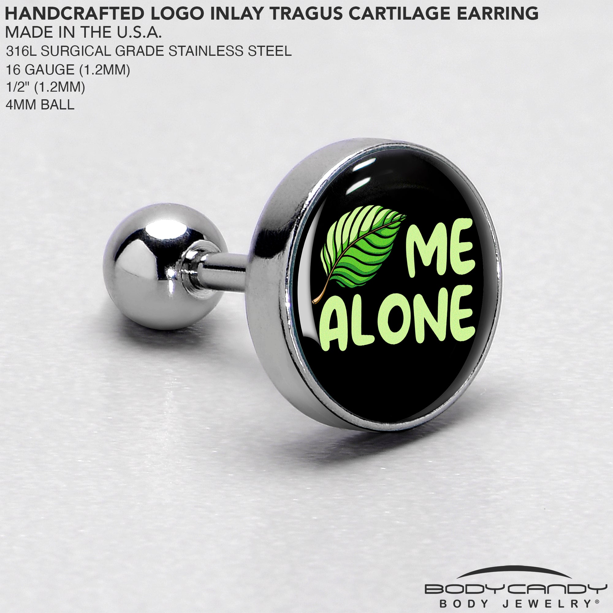 16G 1/4 Black Green Leaf Me Alone Tragus Cartilage Earring by Onyx O