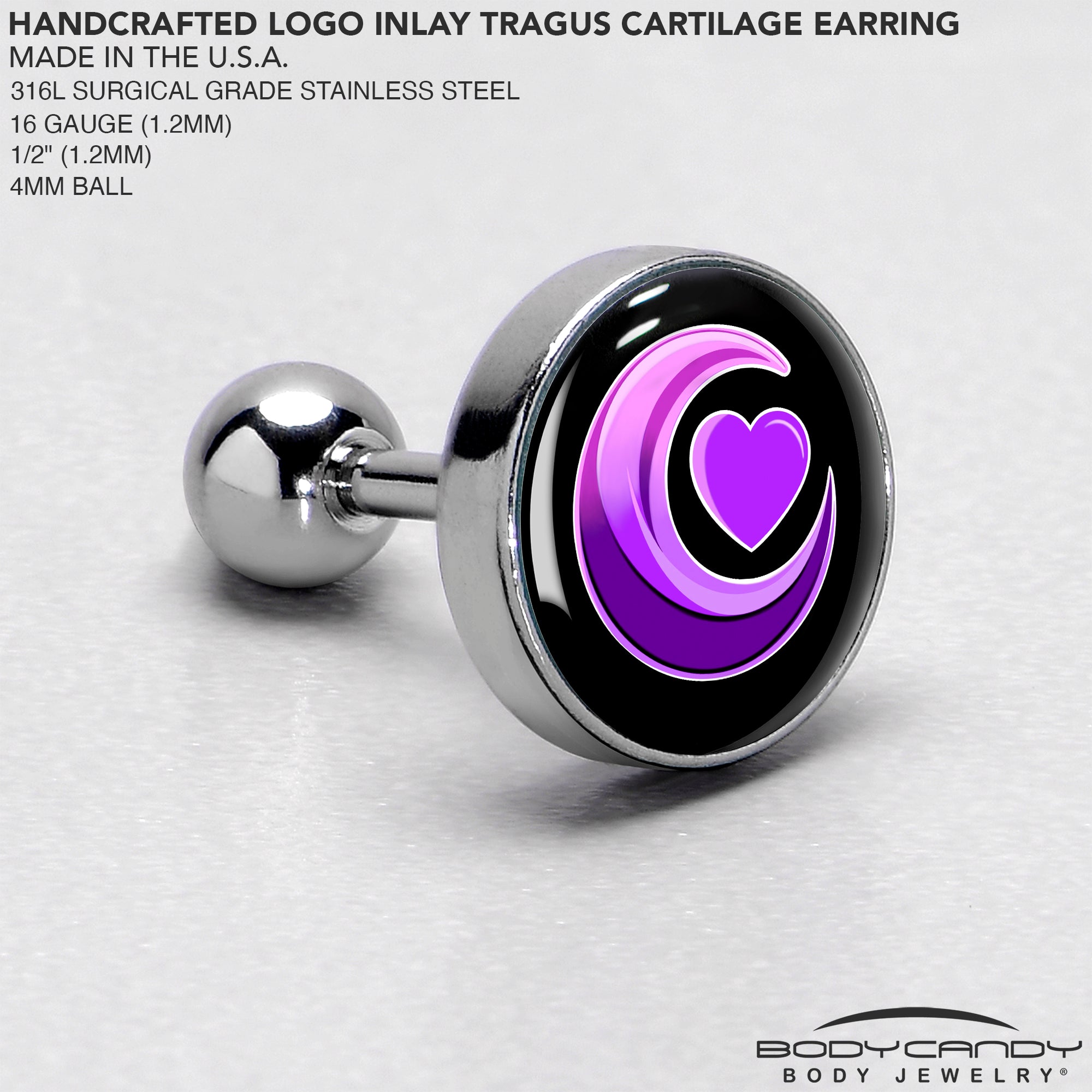 16G 1/4 Crescent Moon Heart Tragus Cartilage Earring by Onyx O