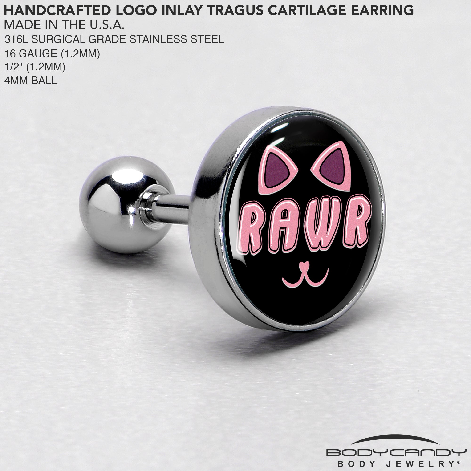 16G 1/4 RAWR Kittly Cat Tragus Cartilage Earring by Onyx O