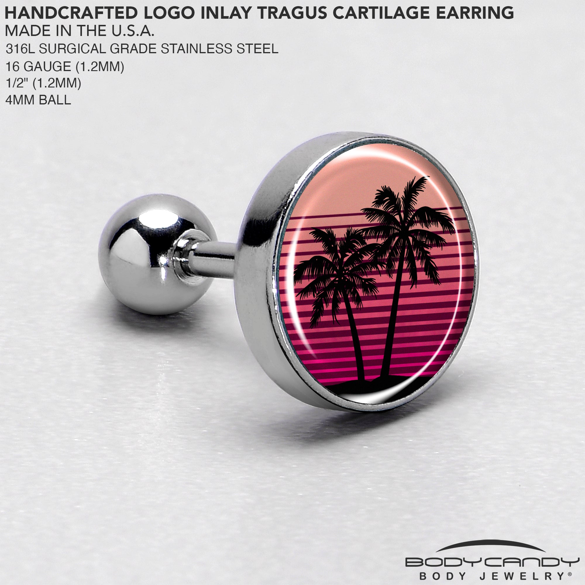 16G 1/4 Palm Tree Retro Sunset Tragus Cartilage Earring by Onyx O