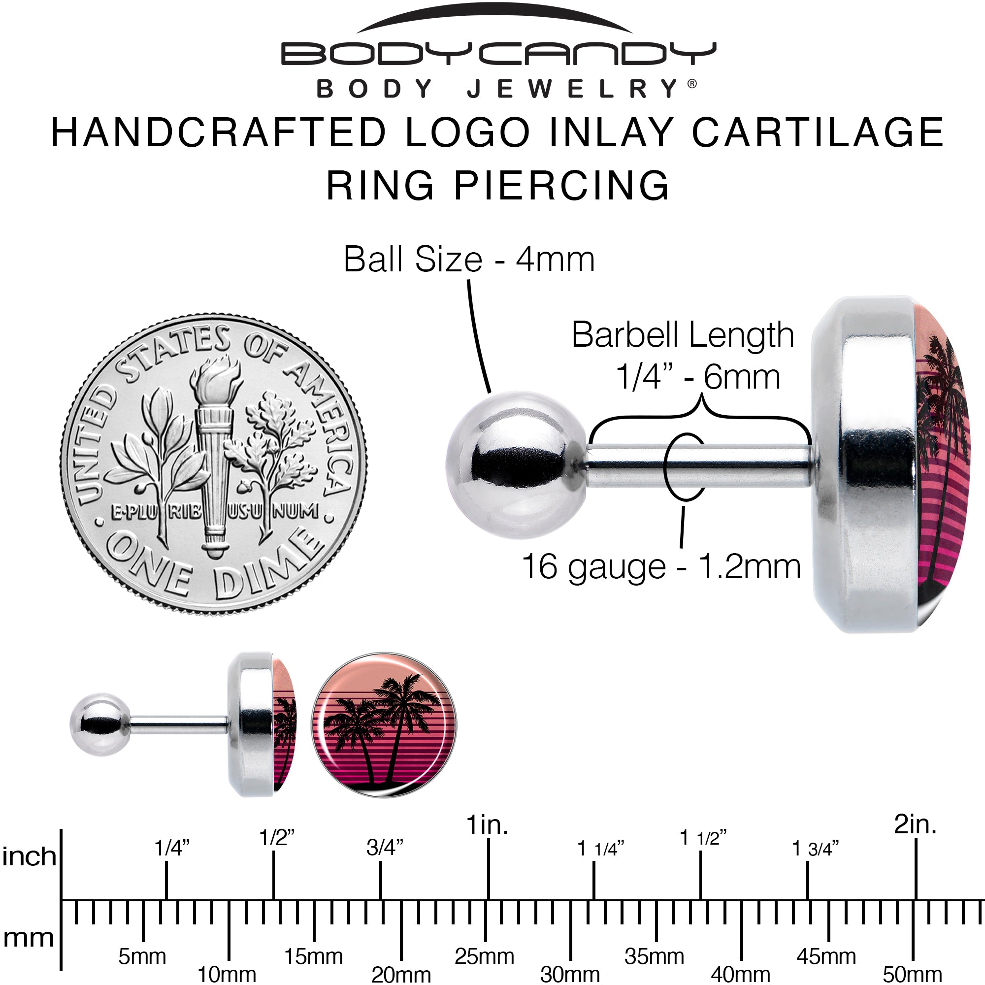 16G 1/4 Palm Tree Retro Sunset Tragus Cartilage Earring by Onyx O