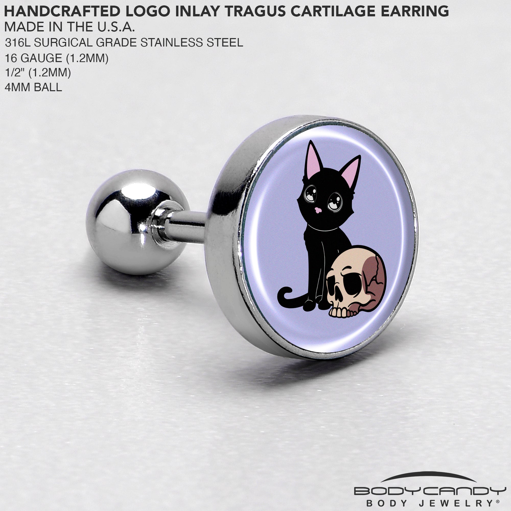 16G 1/4 Skull Cat Tragus Cartilage Earring by Onyx O