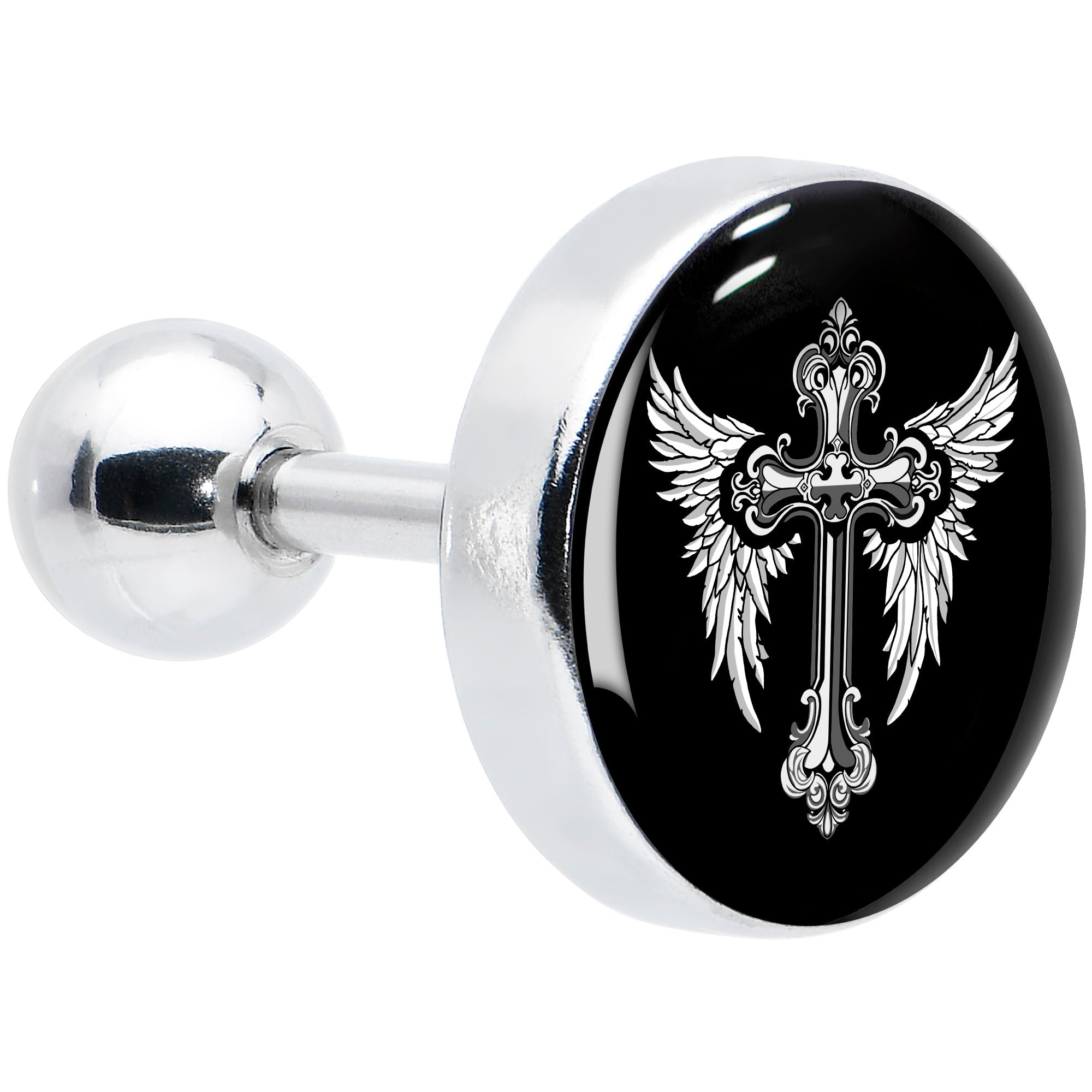 16G 1/4 Black White Winged Cross Tragus Cartilage Earring by Onyx O
