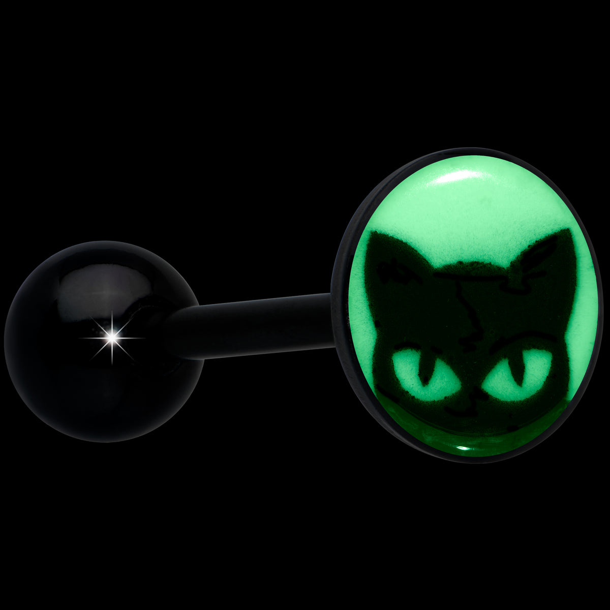 Glow in the Dark Black Anodized Peeking Black Cat Barbell Tongue Ring by Onyx O