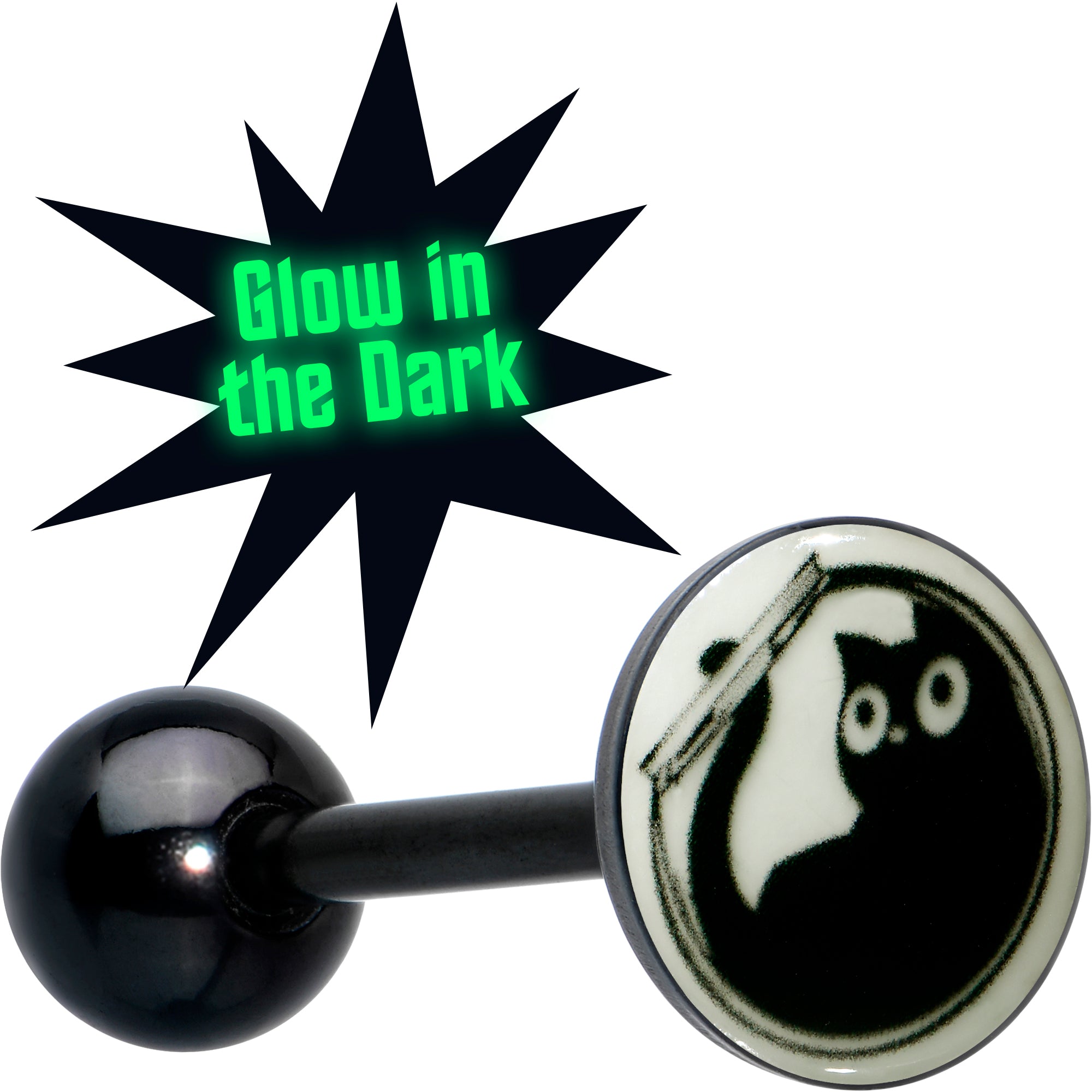 Glow in the Dark Black Anodized Fishbowl Kitty Cat Barbell Tongue Ring by Onyx O