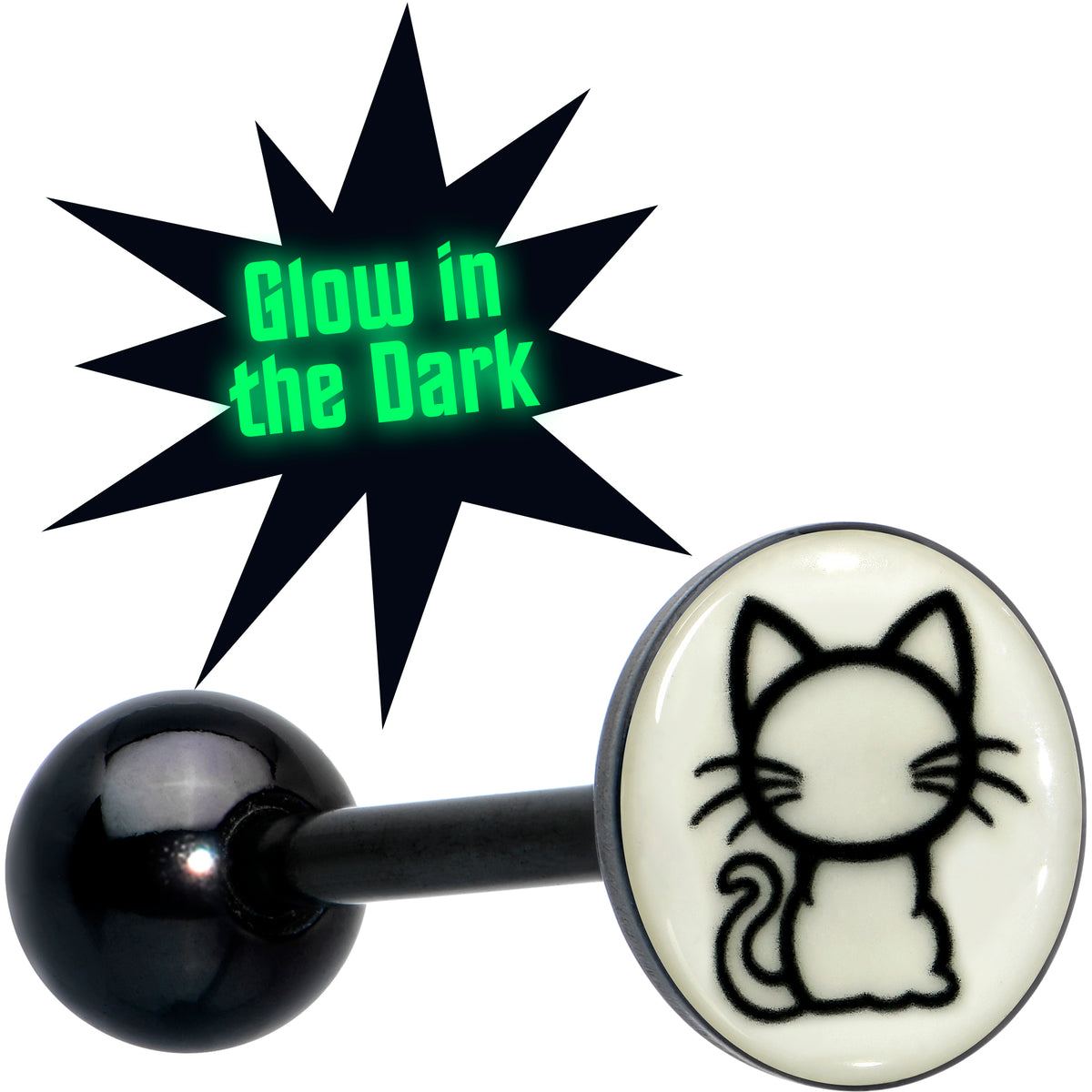 Glow in the Dark Black Anodized Kitty Cat Barbell Tongue Ring by Onyx O