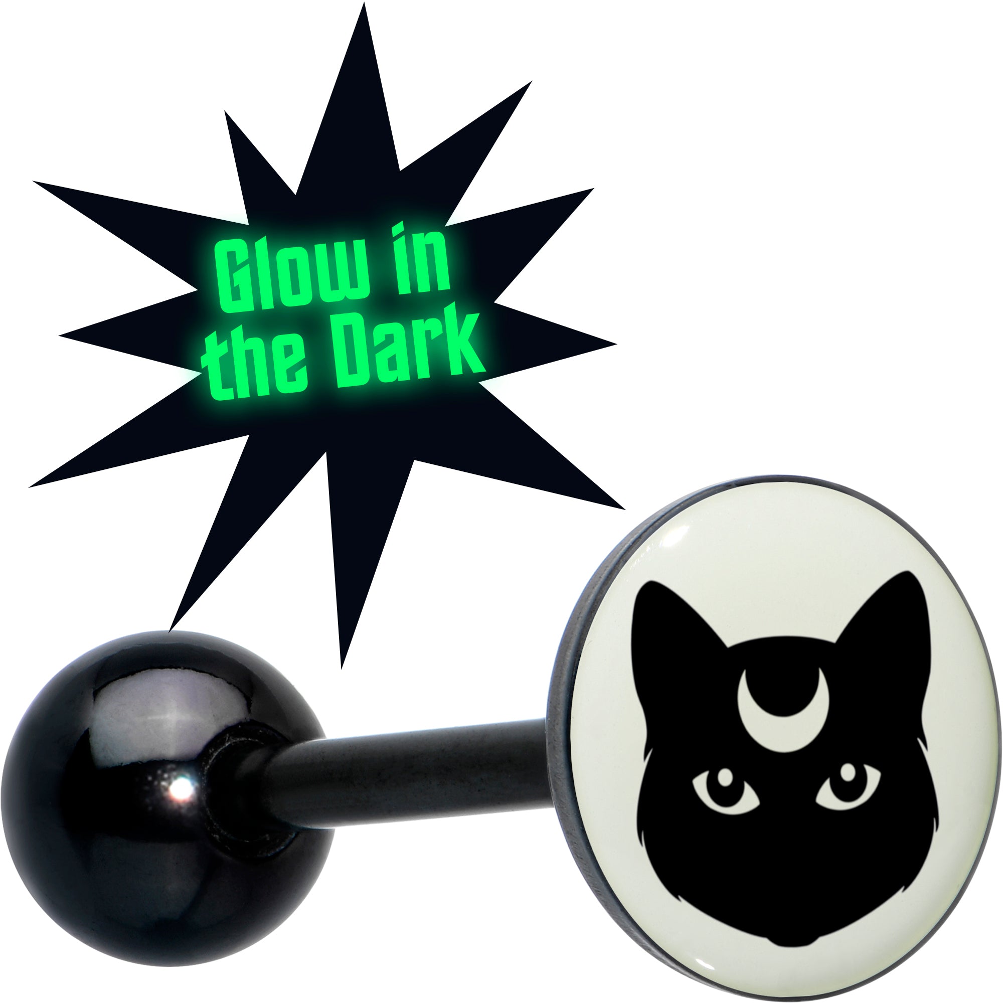 Glow in the Dark Black Anodized Mystic Kitty Cat Barbell Tongue Ring by Onyx O