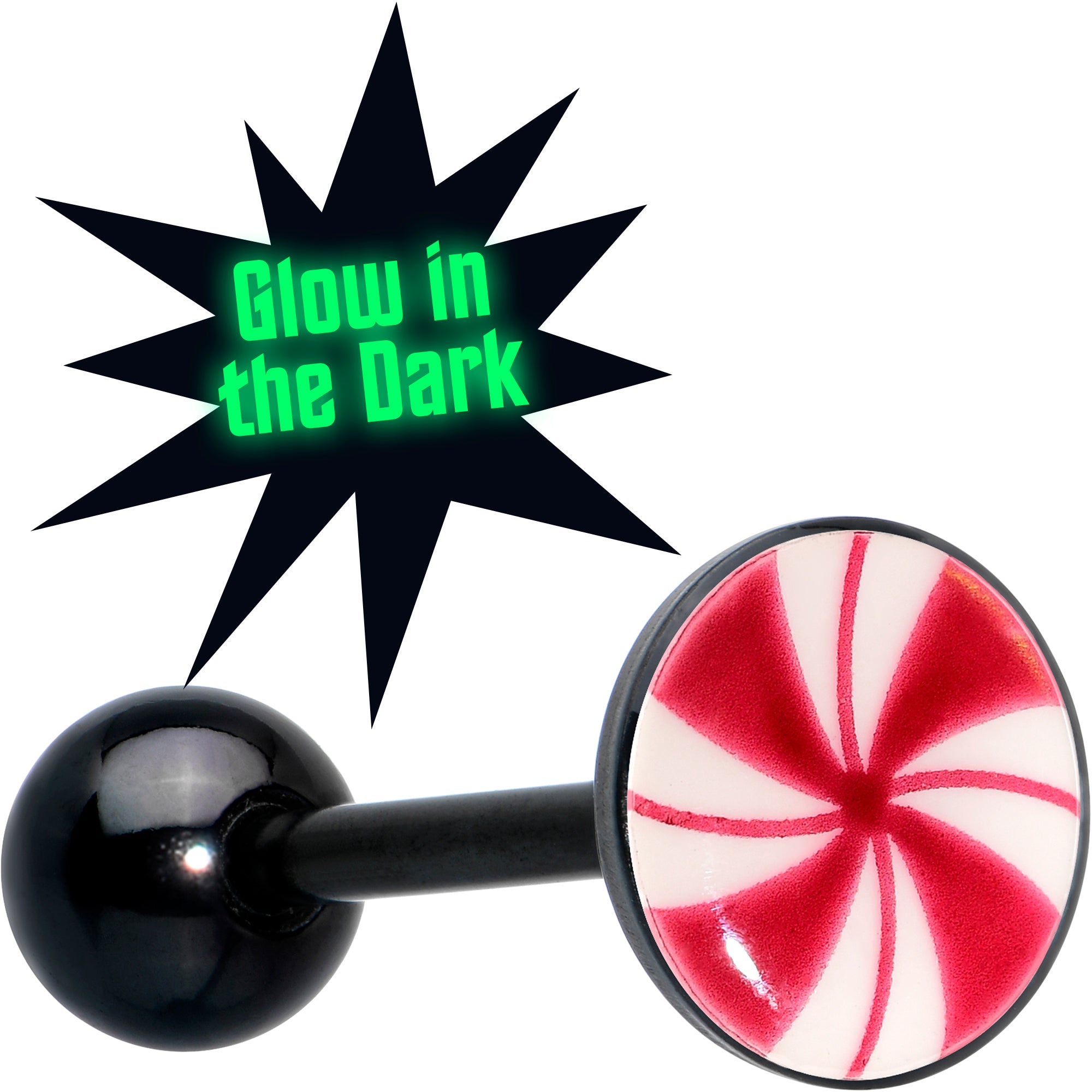 Glow in the Dark Black Anodized Holiday Peppermint Candy Barbell Tongue Ring by Onyx O