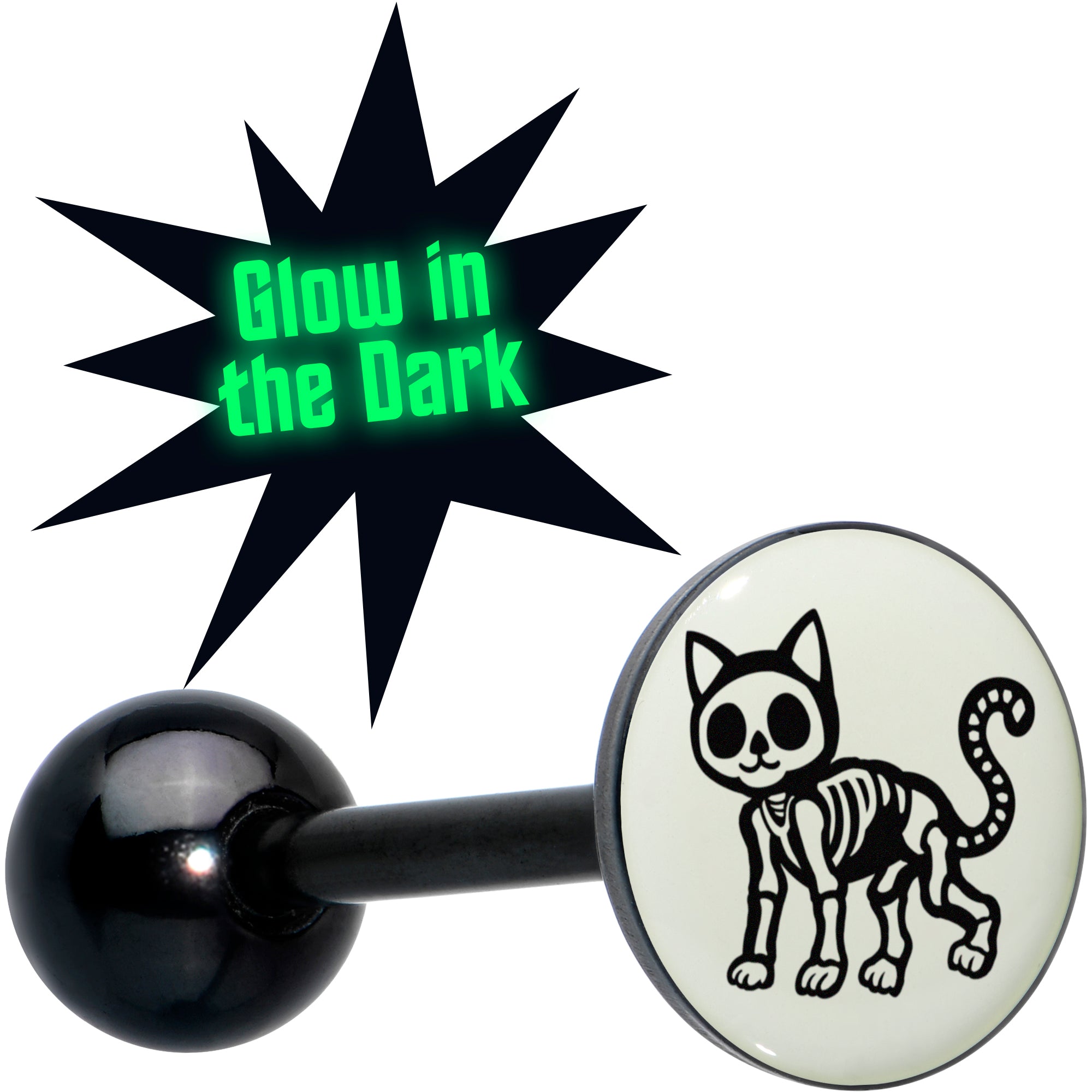 Glow in the dark black anodized OUI barbell tongue ring with luminescent features