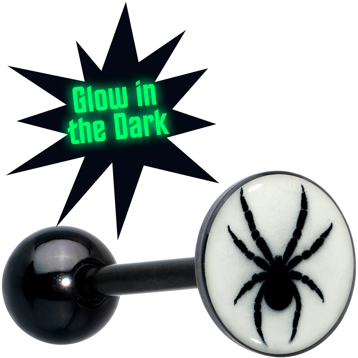 Glow in the Dark Black Anodized Black Widow Spider Barbell Tongue Ring by Onyx O