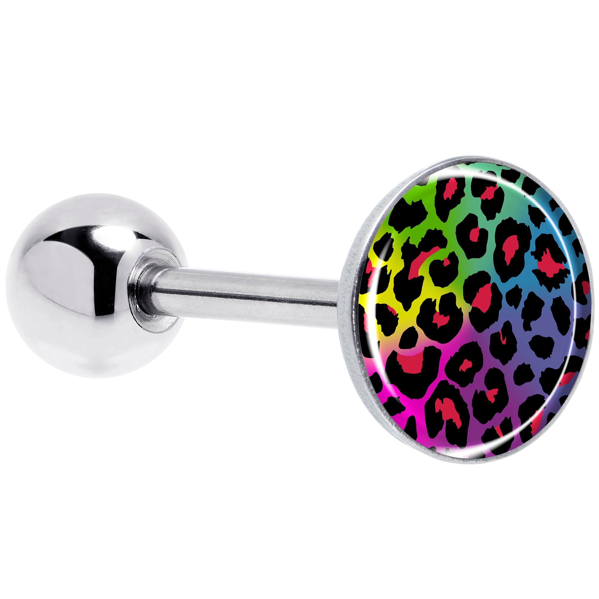 Rainbow cheetah print barbell tongue ring