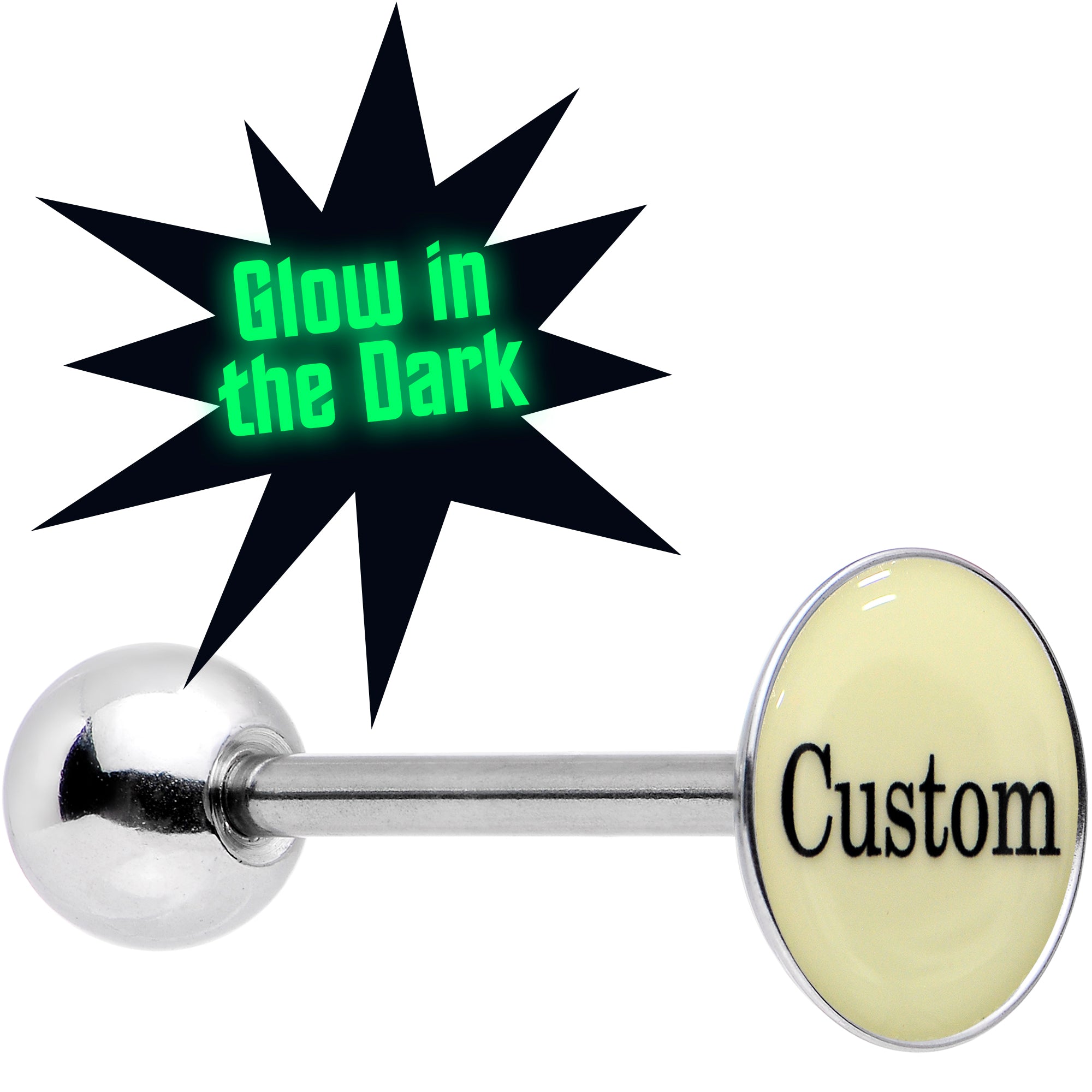 Custom Glow in the Dark Logo Stainless Steel Barbell Tongue Ring