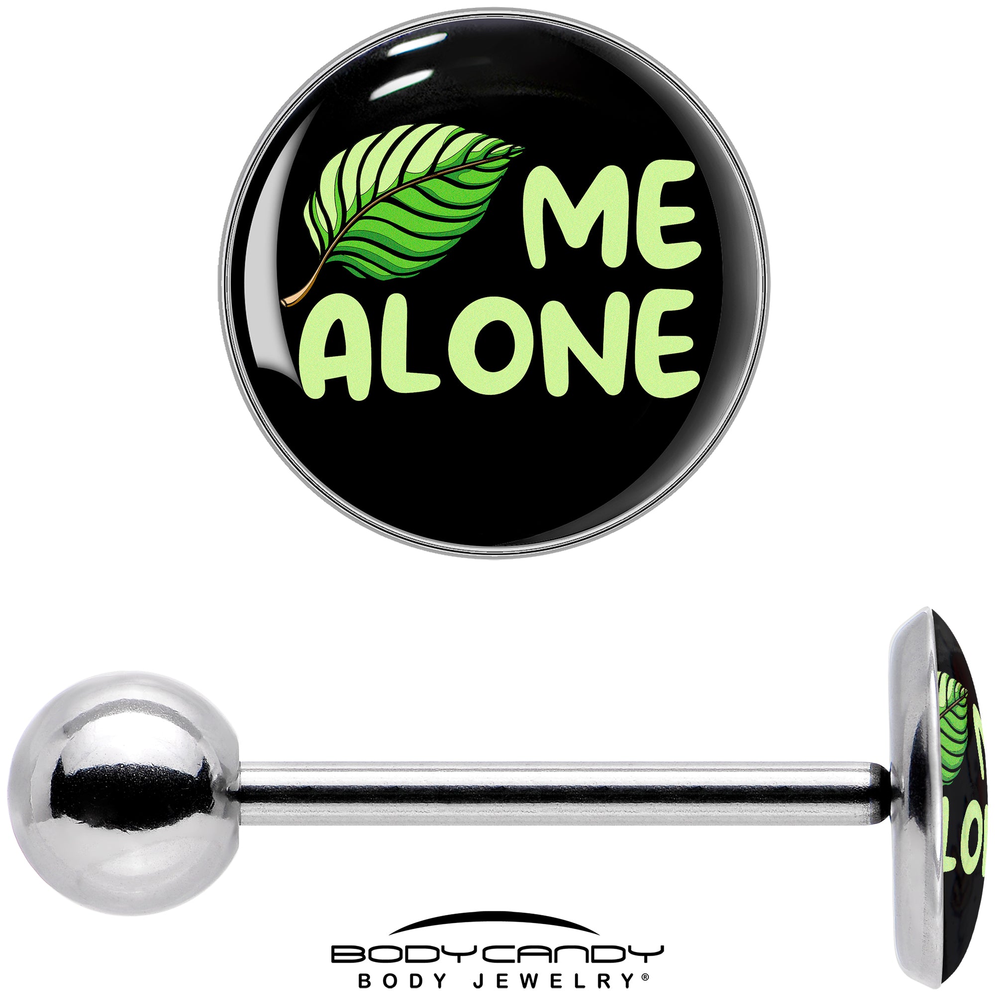 Black Green Leaf Me Alone Barbell Tongue Ring by Onyx O