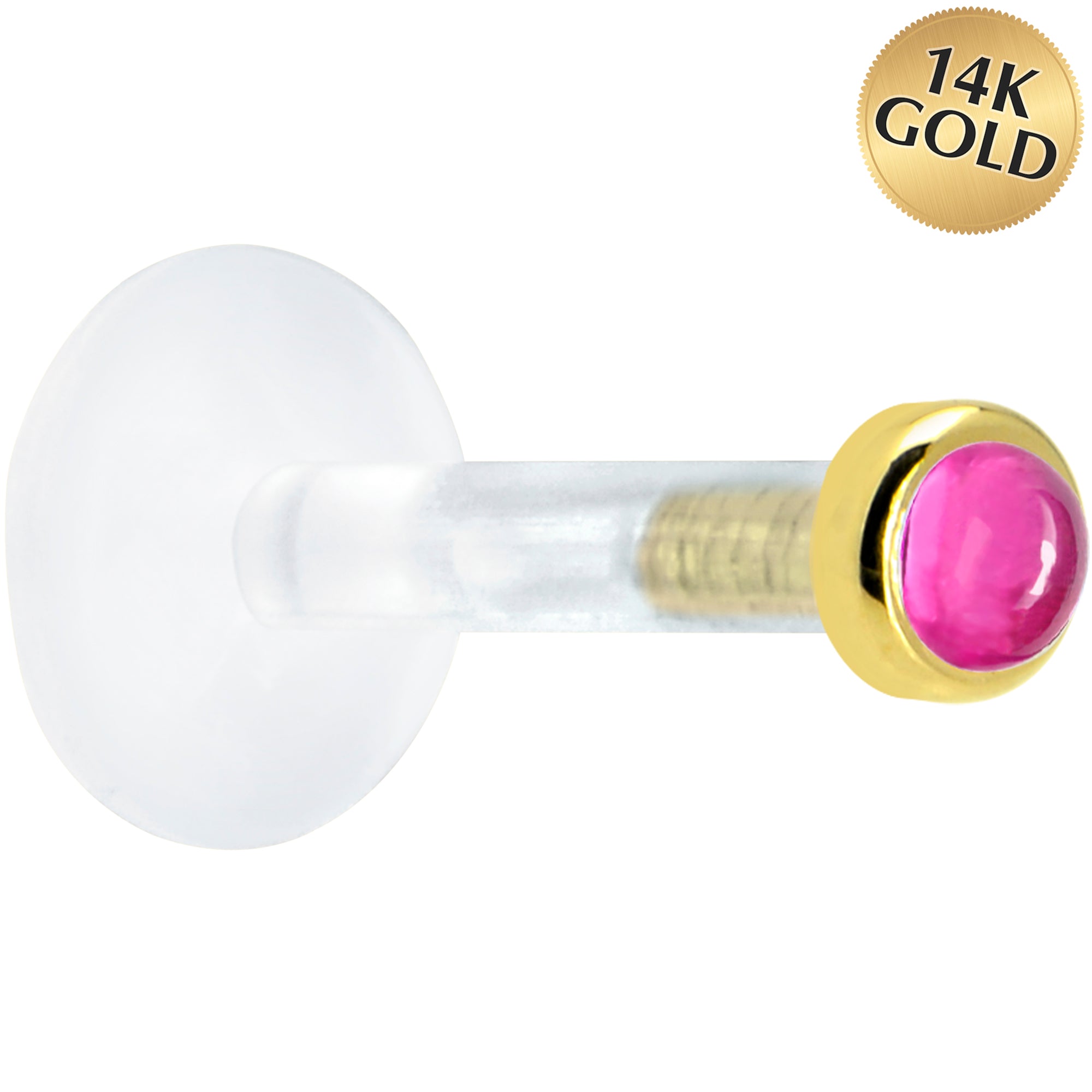 Solid 14K Yellow Gold 2mm Genuine Pink Tourmaline Bioplast Push in Labret