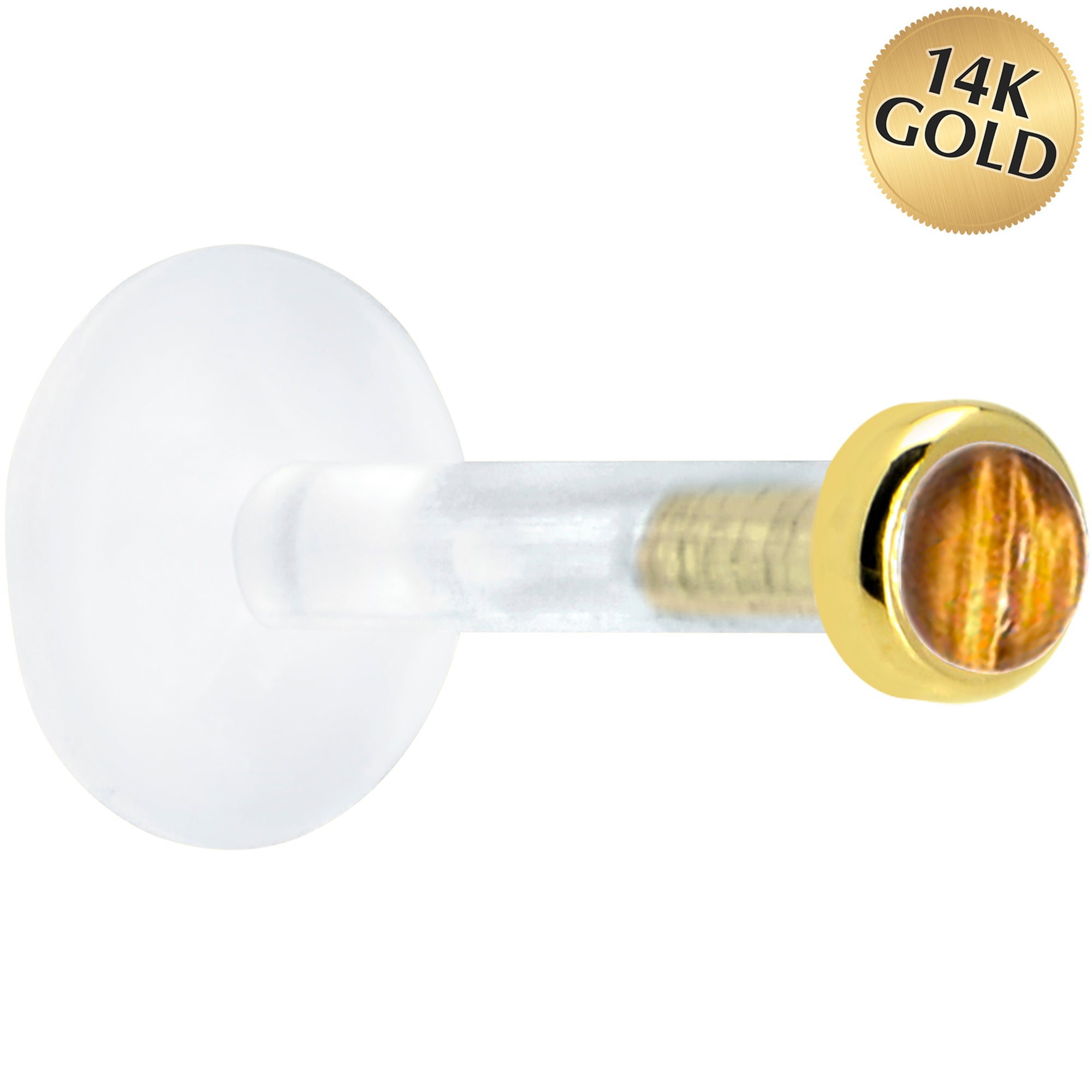 Solid 14K Yellow Gold 2mm Genuine Tiger Eye Bioplast Push in Labret