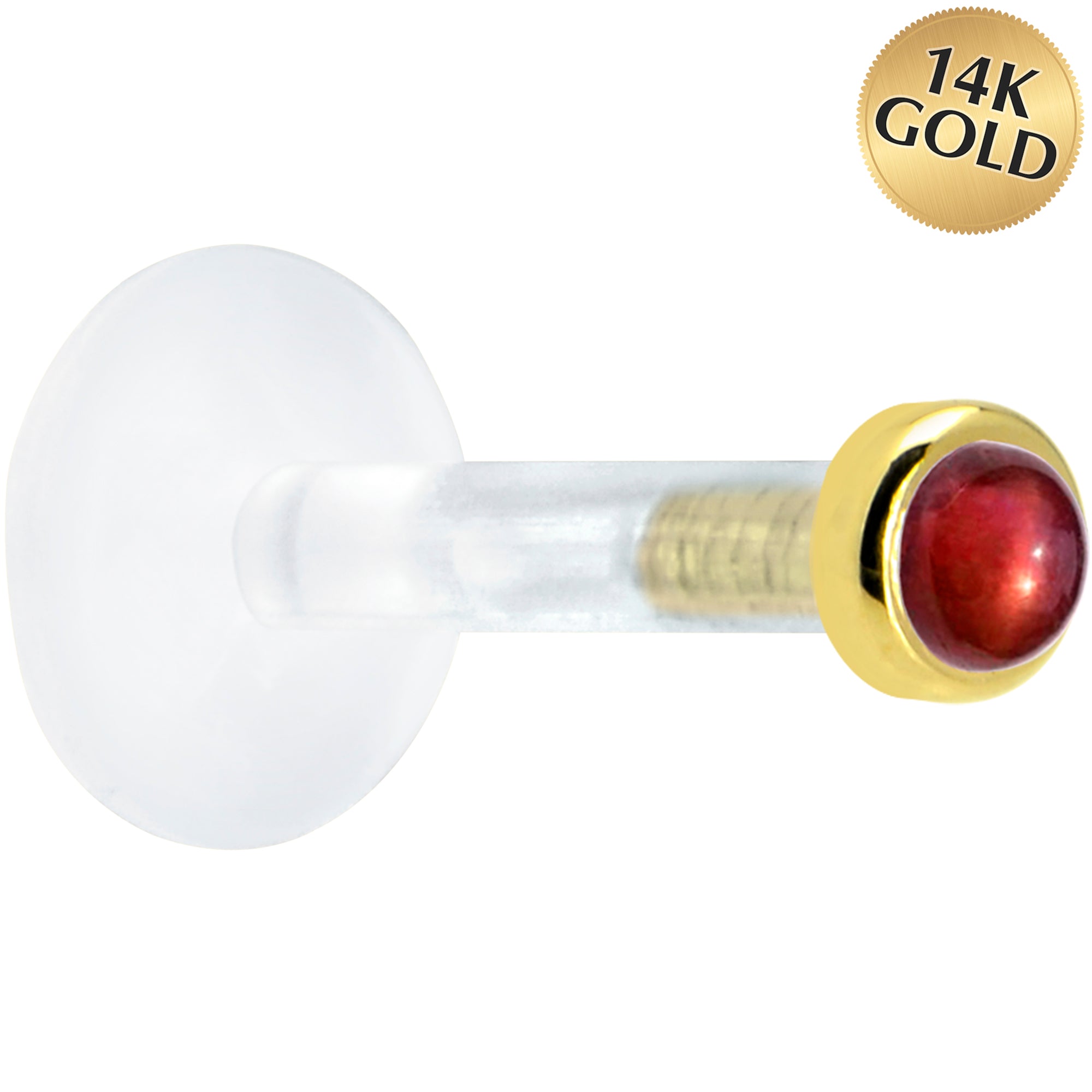 Solid 14K Yellow Gold 2mm Genuine Red Garnet Bioplast Push in Labret