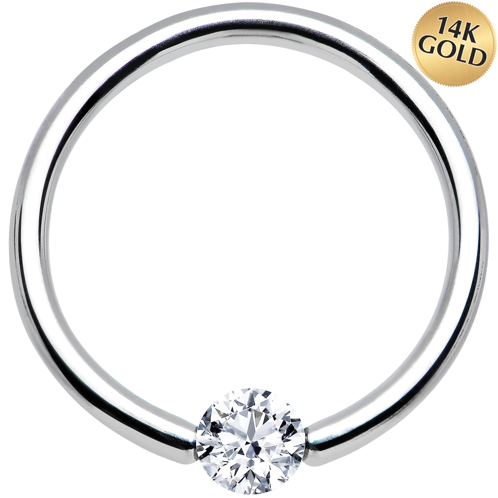 16G 7/16 Solid 14k White Gold 3mm Clear Cubic Zirconia Tension Captive Ring