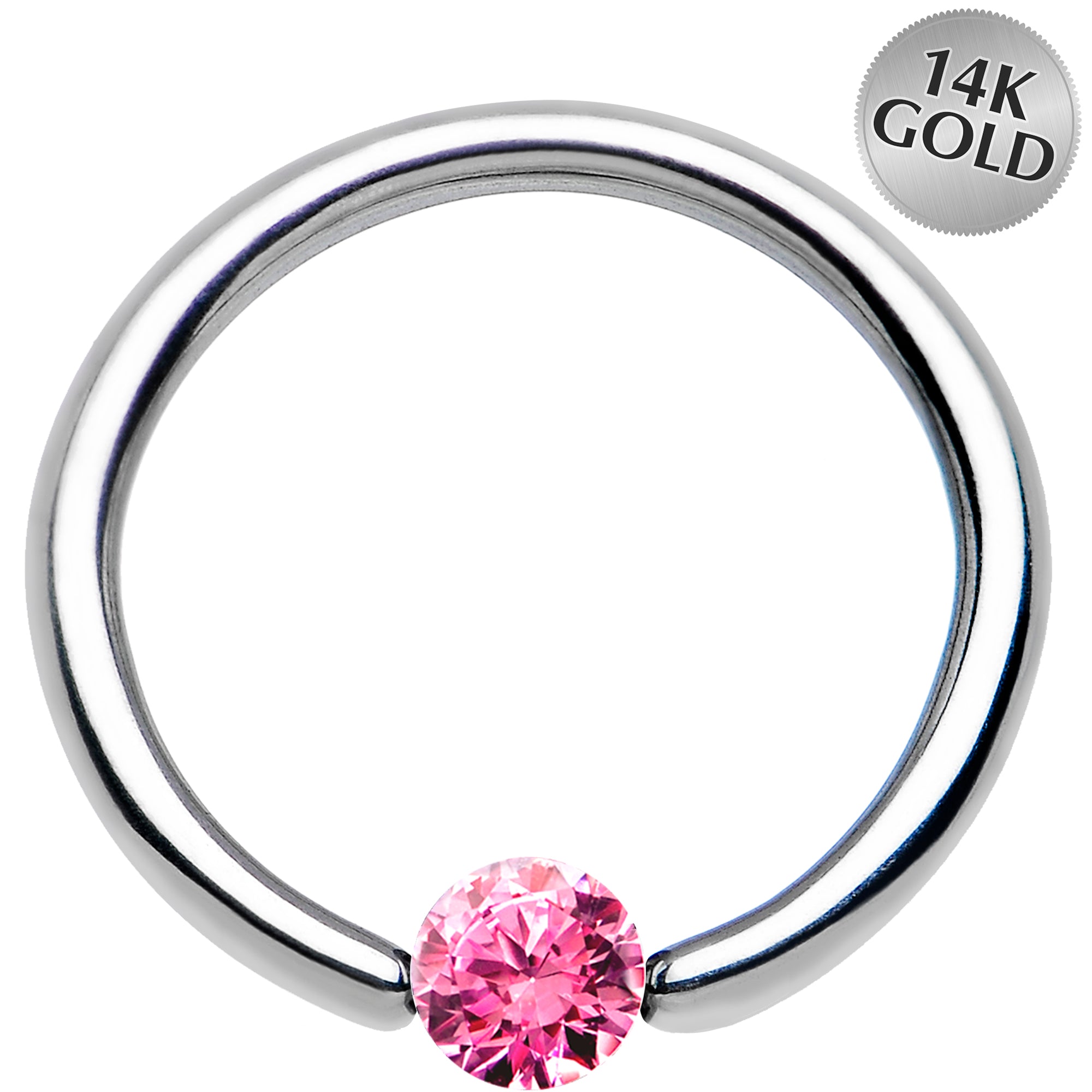 16G 3/8 Solid 14k White Gold 3mm Pink Cubic Zirconia Tension Captive Ring