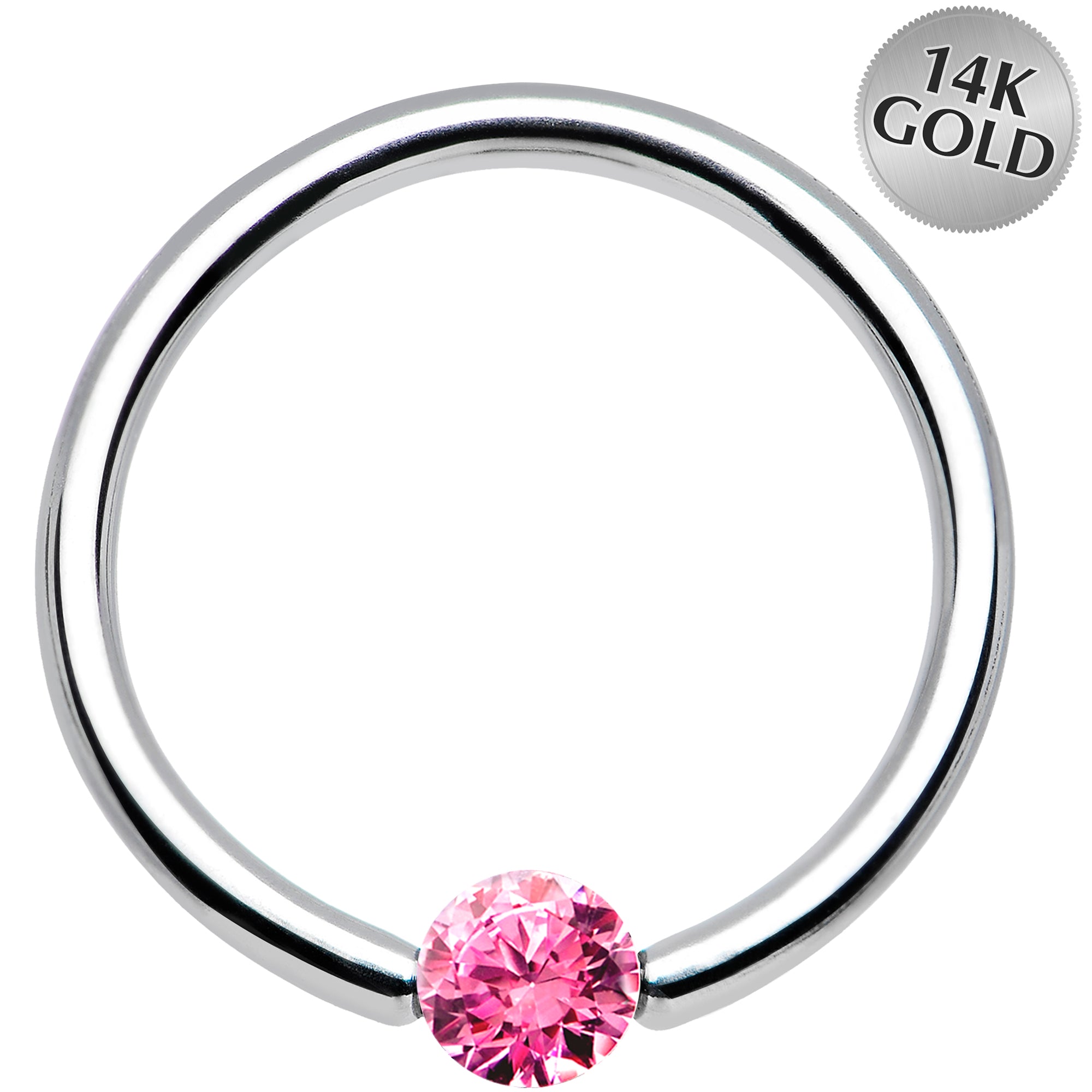 16G 7/16 Solid 14k White Gold 3mm Pink Cubic Zirconia Tension Captive Ring